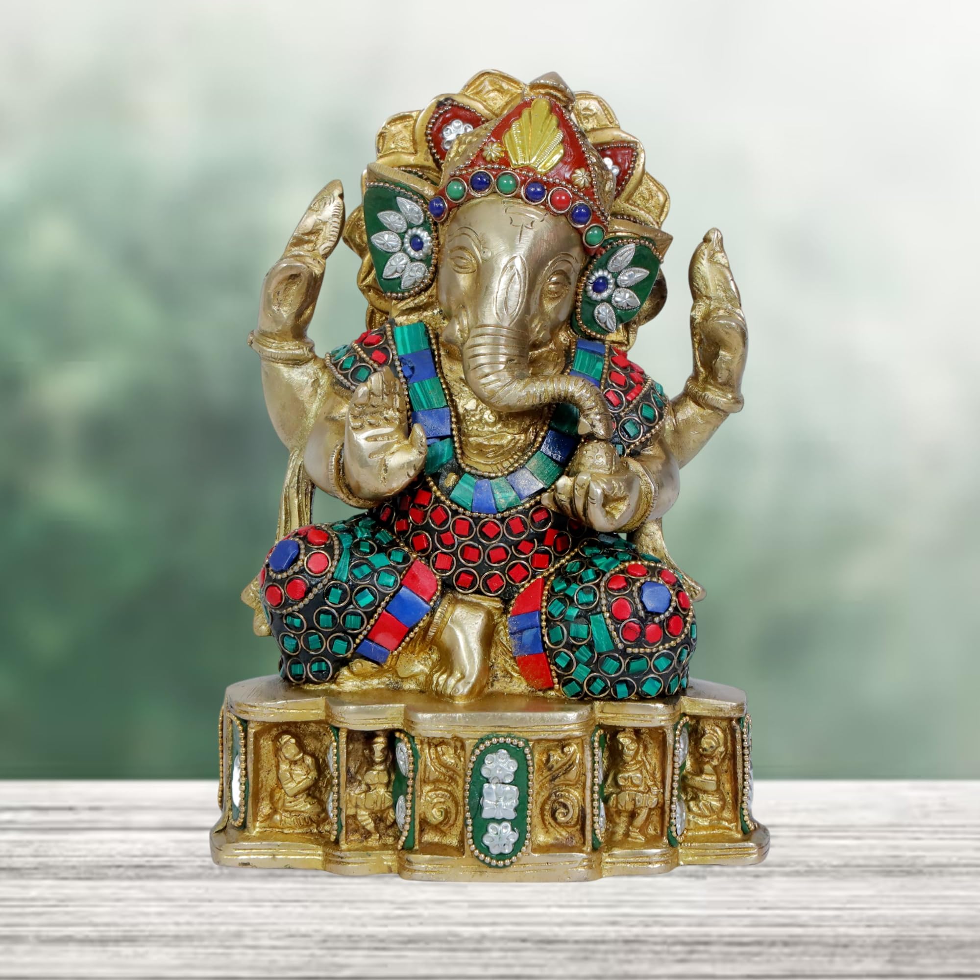 Brassaura Brass Gem Stone Work Ganesha Murti For Home And Decor Brass Ganesh Bhagwan Statue For Pooja Ganesha Idols For Home Ent