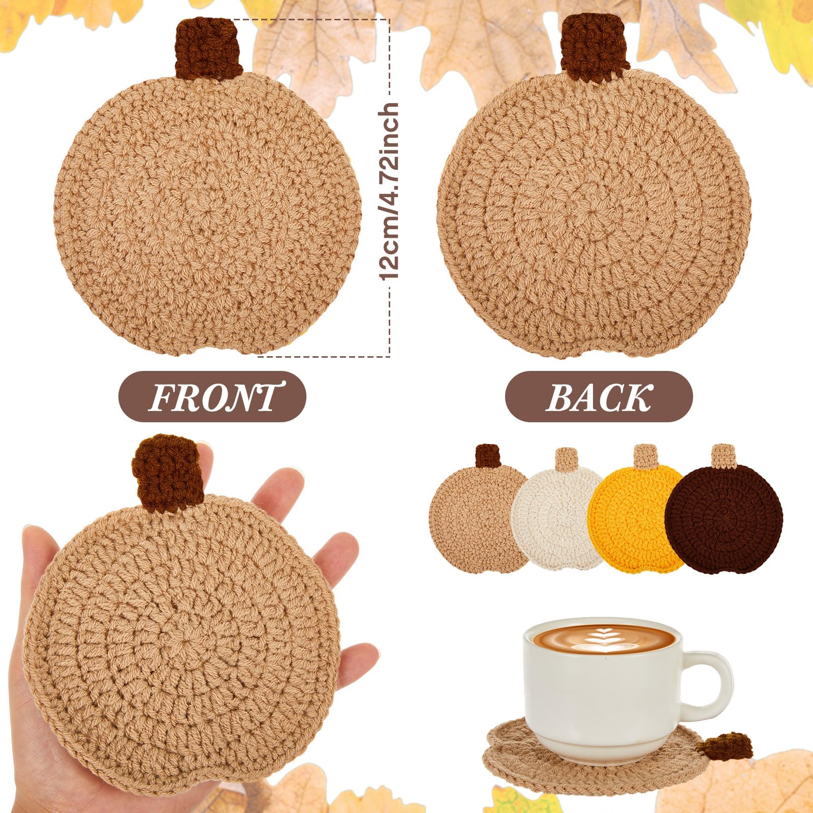 Hushee 4 Pcs Fall Crochet Coasters Thanksgiving Pumpkin Coaster 4.72 Handmade Woven Pumpkin Drink Cup Mats for Autumn Harvest Gi