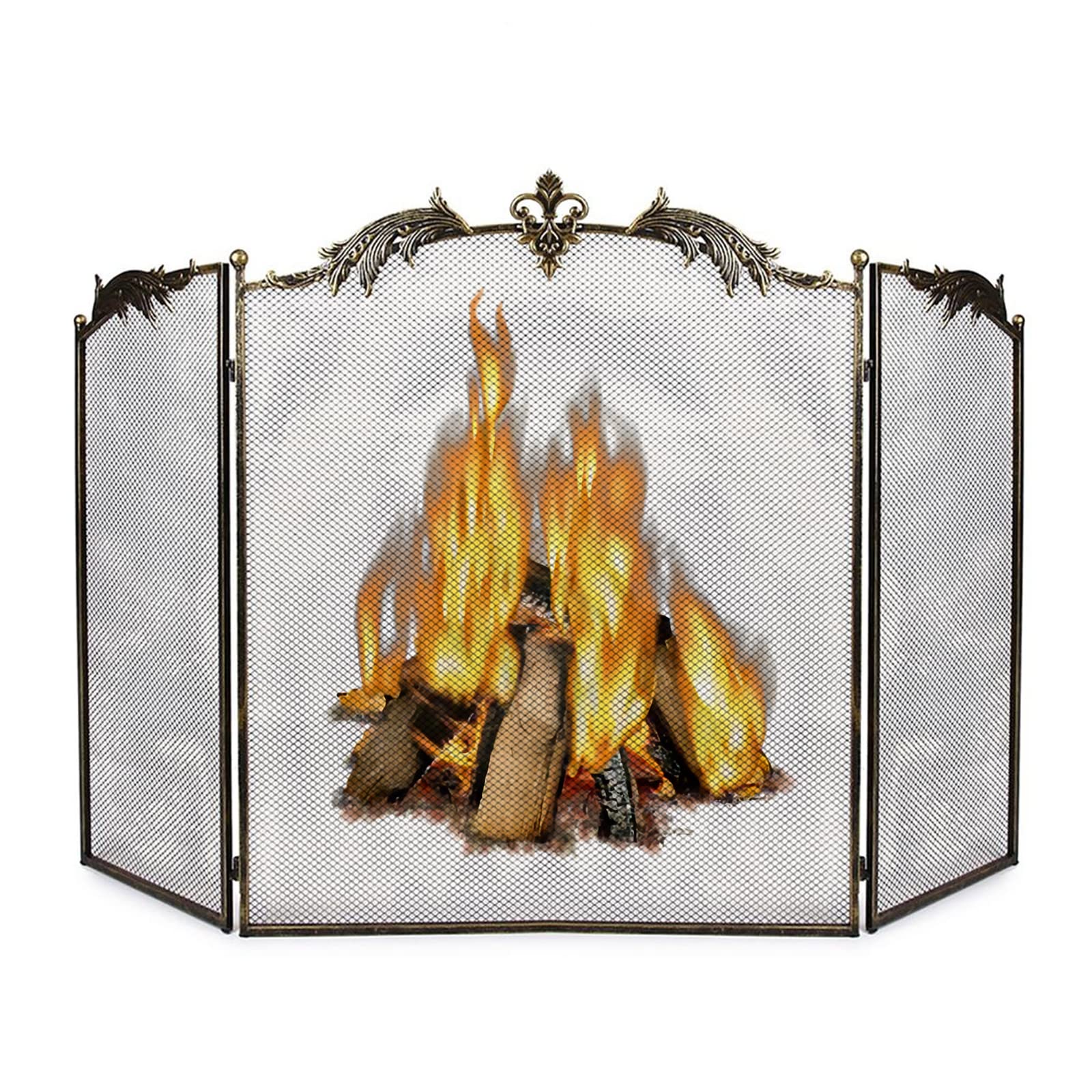 Wichemi Fireplace Screen 3 Panel Folding Fireplace Screens 50.4 X 32.3 Inch Metal Furnace Fireguards Mesh Cover Baby Safe Proof