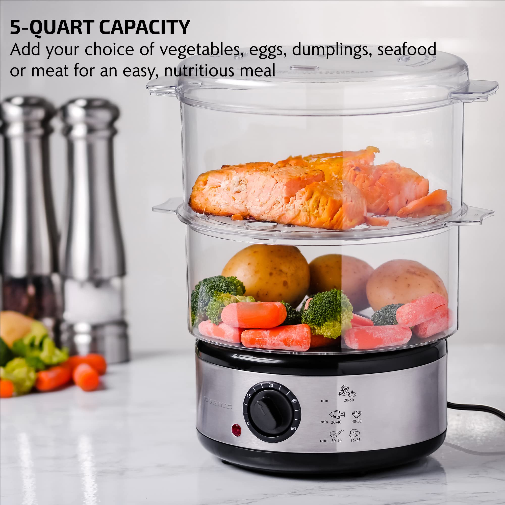 Ovente 2 Tier Electric Food Steamer For Cooking Vegetables, Stainless Steel Base, Stackable And Dishwasher Safe Baskets, 400W Wi