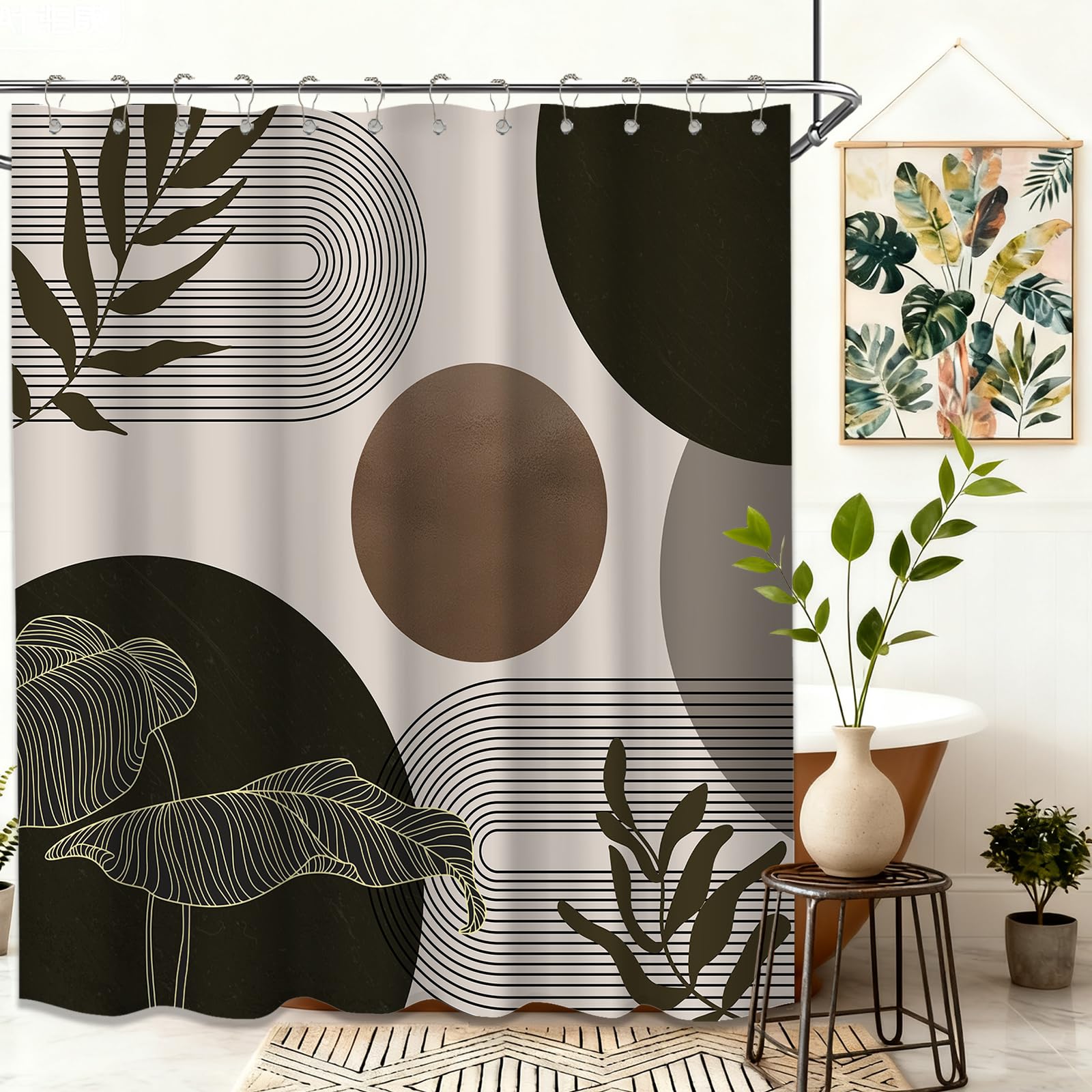 Keeuy Brown Mid Century Modern Shower Curtain Tan Taupe Boho Shower Curtains For Bathroom Decor Mcm Mens Cool Bath Curtain Set, 