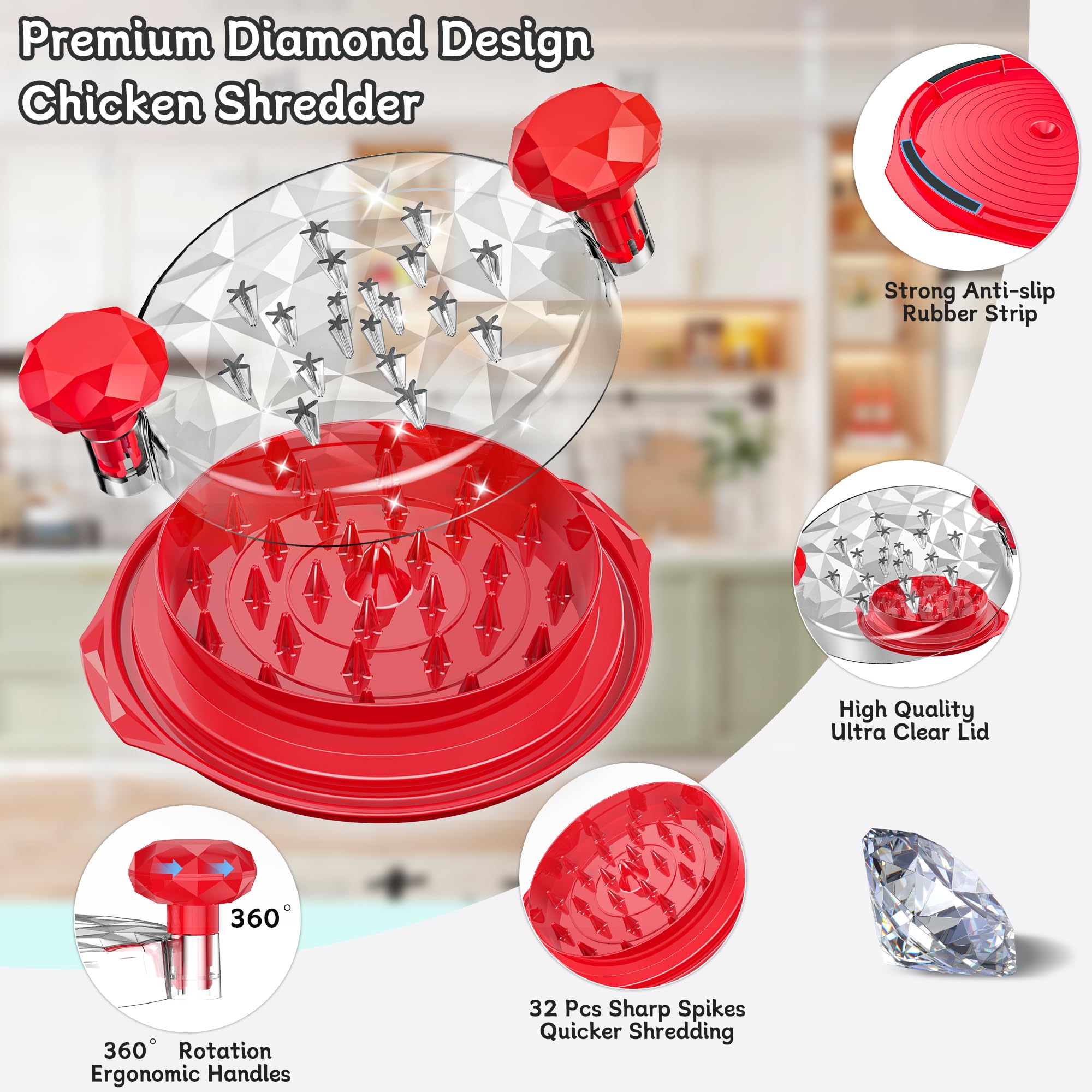 Chicken Shredder Tool Twist Large With Brush, 10'' Pro Visible Meat Shredder Machine, Strong Anti-Slip Base, Ergonomic Handle, B