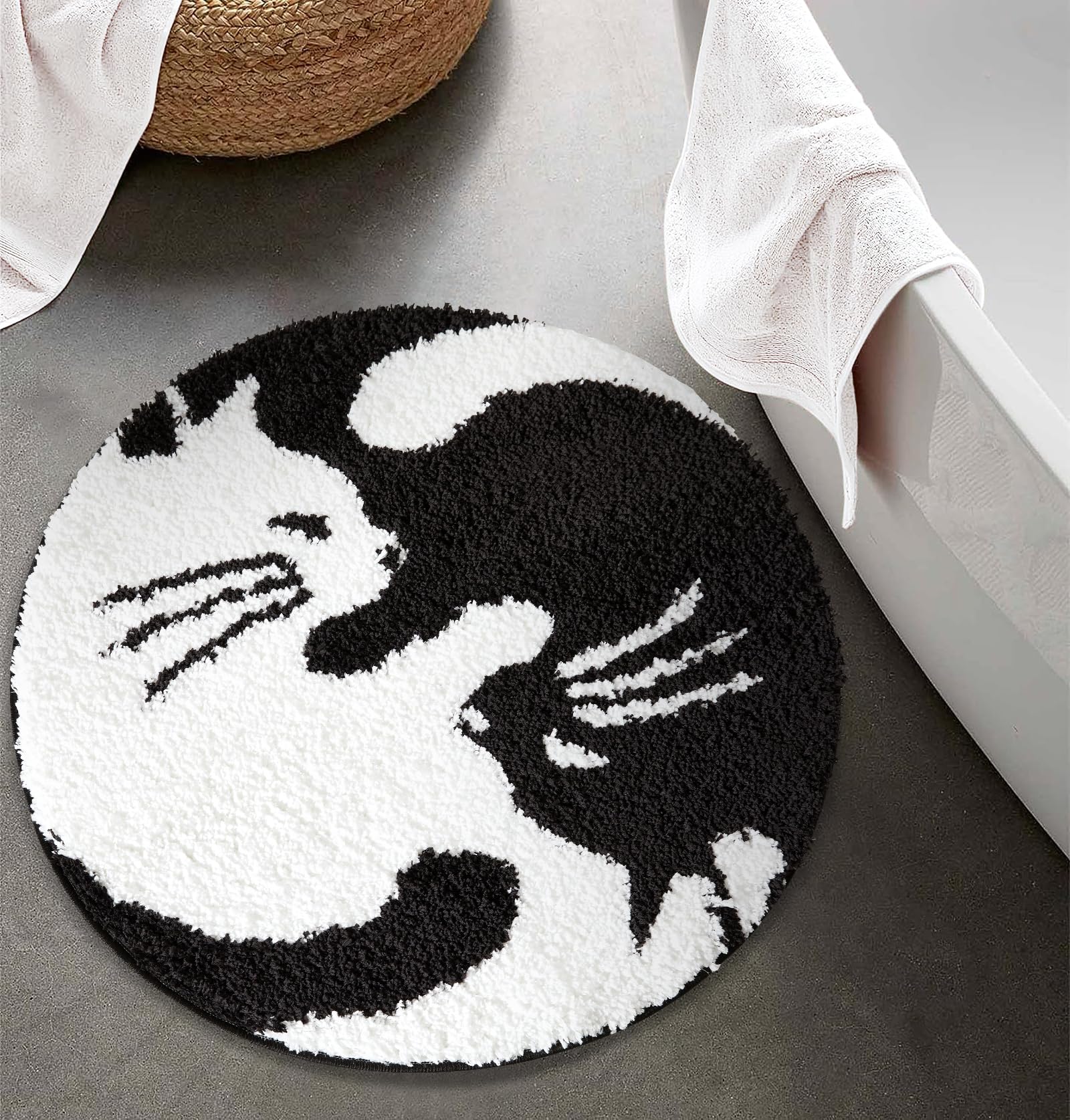 Estmy Yin Yang Cat Bath Mat For Bathroom Non Slip Cute Black And White 2Ft Round Bathroom Rugs Washable, Abstract Minimalist Fun