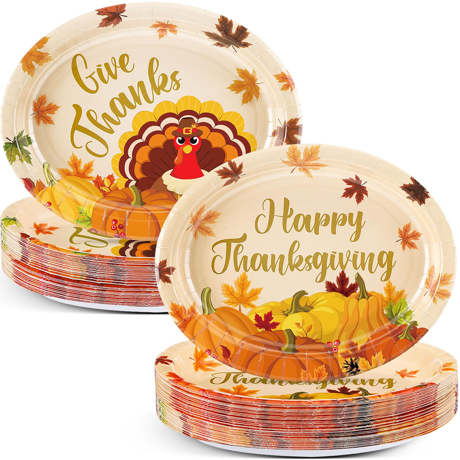 Pajean 50 Pcs Thanksgiving Paper Plates Bulk Fall Oval Dinner Plates 9 x 11 Large Autumn Leaves Pumpkin Turkey Disposable Tablew