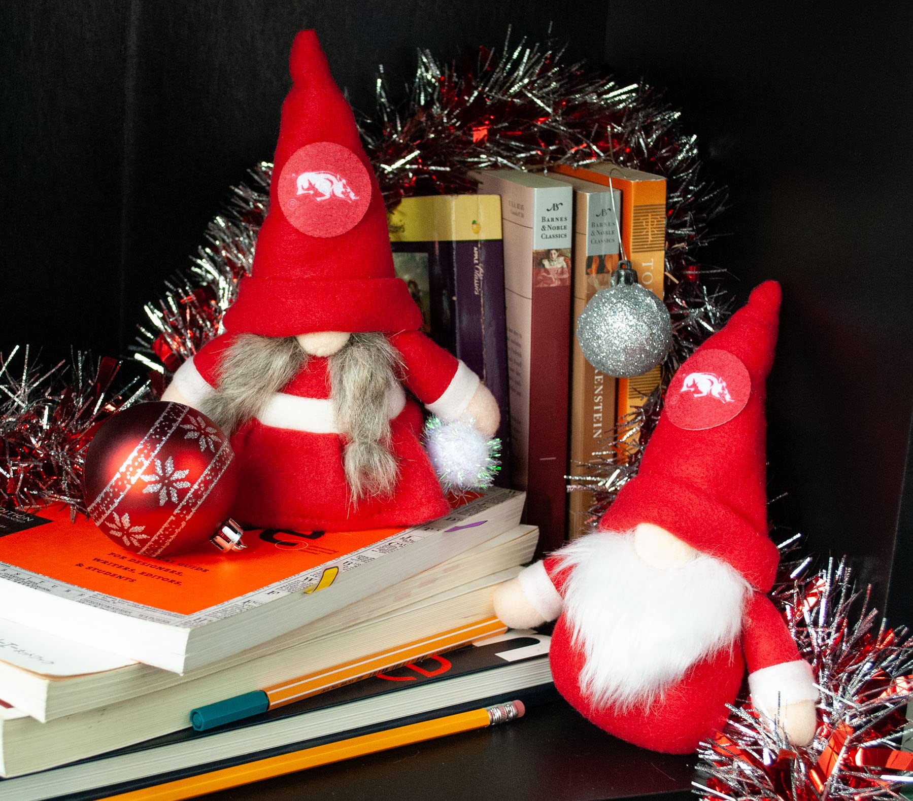University of Arkansas Razorbacks Set of 2 Plush Gnome Christmas Tree Ornaments by Hannas Handiworks - Fan/Cheerleader Holiday/D