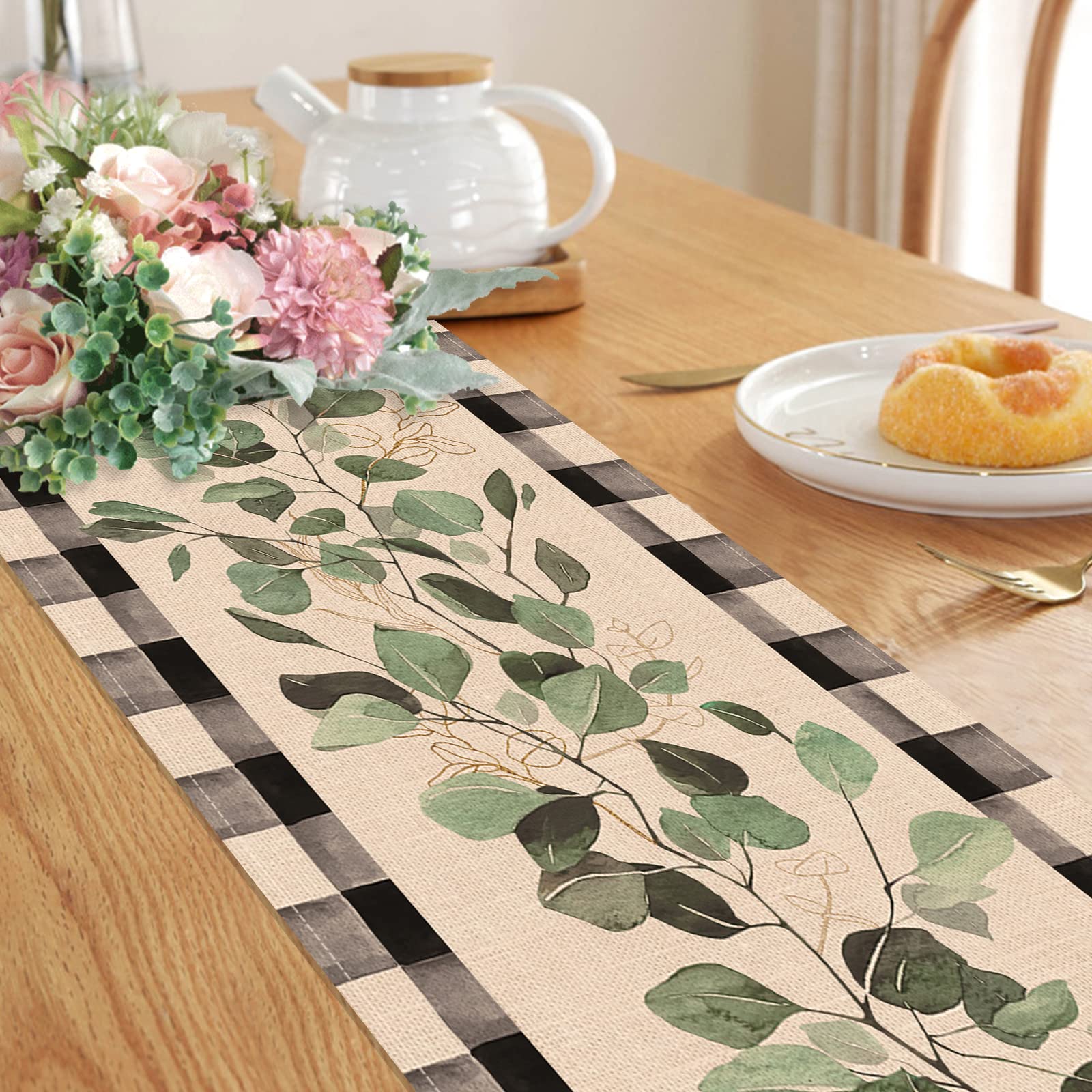 Seliem Spring Eucalyptus Leaves Greenery Table Runner, Black White Buffalo Plaid Check Kitchen Dining Table Decor, Green Plants