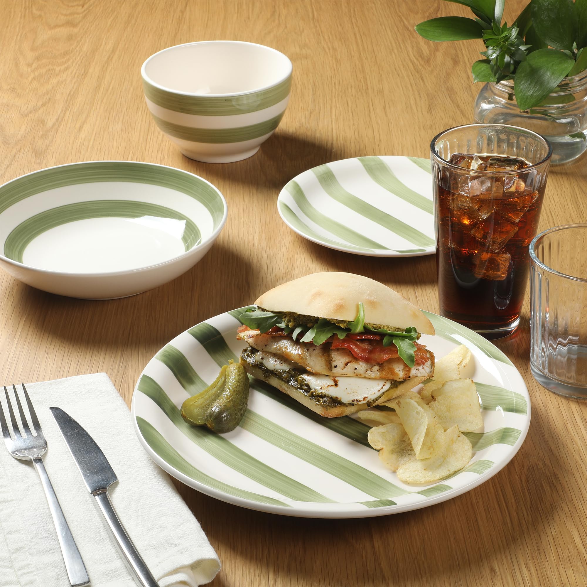 Gibson Home Kenwood Shores 16 Piece Dinnerware Set, Green Striped, Hand-Painted Stoneware, Plates and Bowls, Service for 4, Micr