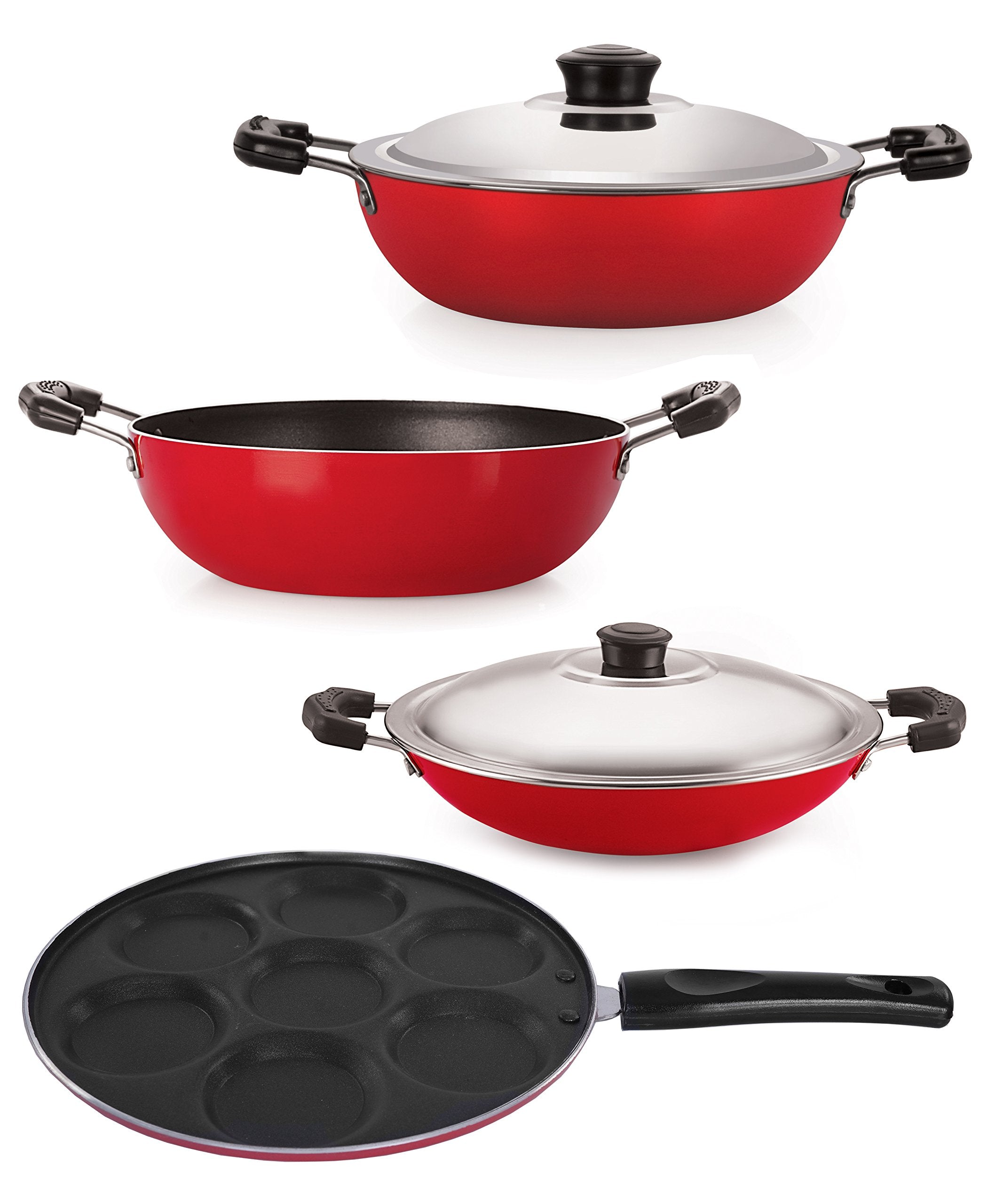 Nirlon Aluminium NonStick Coated Piece Cookware Combo Set, 2 Kadhai, Appachatti, Uttapam Tawa