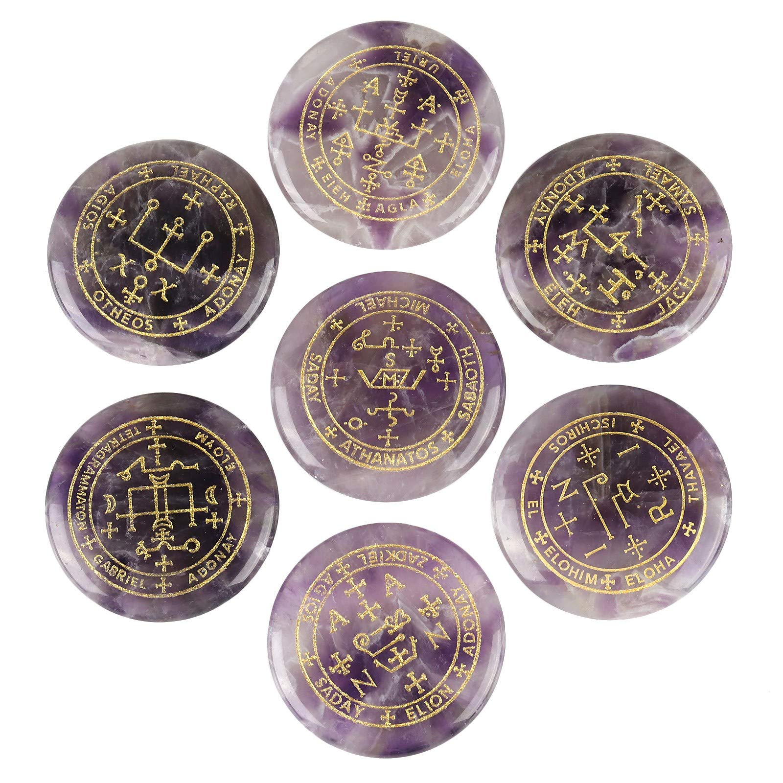 SUNYIK Round Engraved Archangels Gabriel Sigil Talisman Stone Set of 7, Pocket Worry Palm Stones for Healing Reiki Decoration Wi
