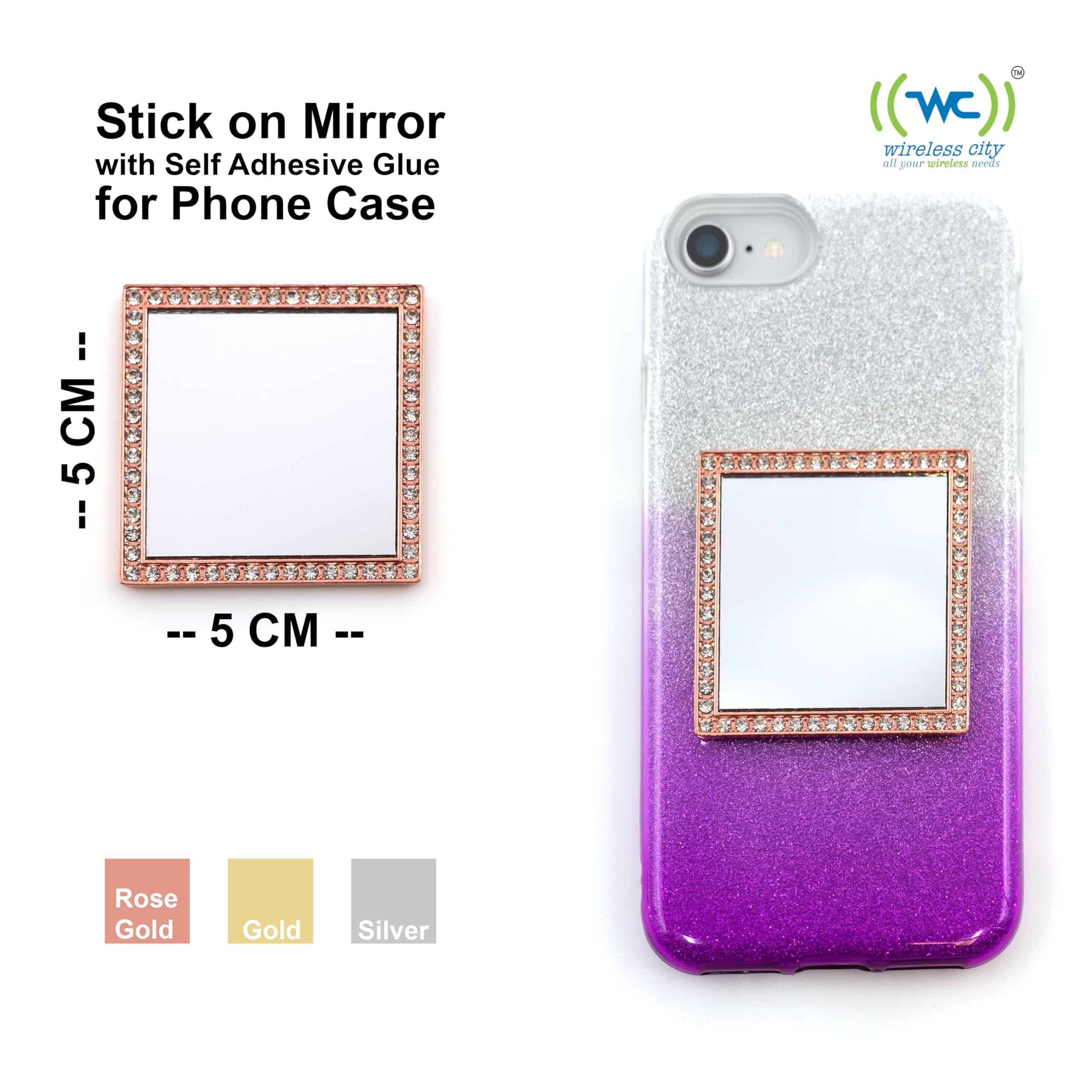 Wireless City Diamond Bling Makeup Mirror For Phone Case - Rose Gold, Stick-On Vanity Mirror With Cubic Zirconia Stones, Univers