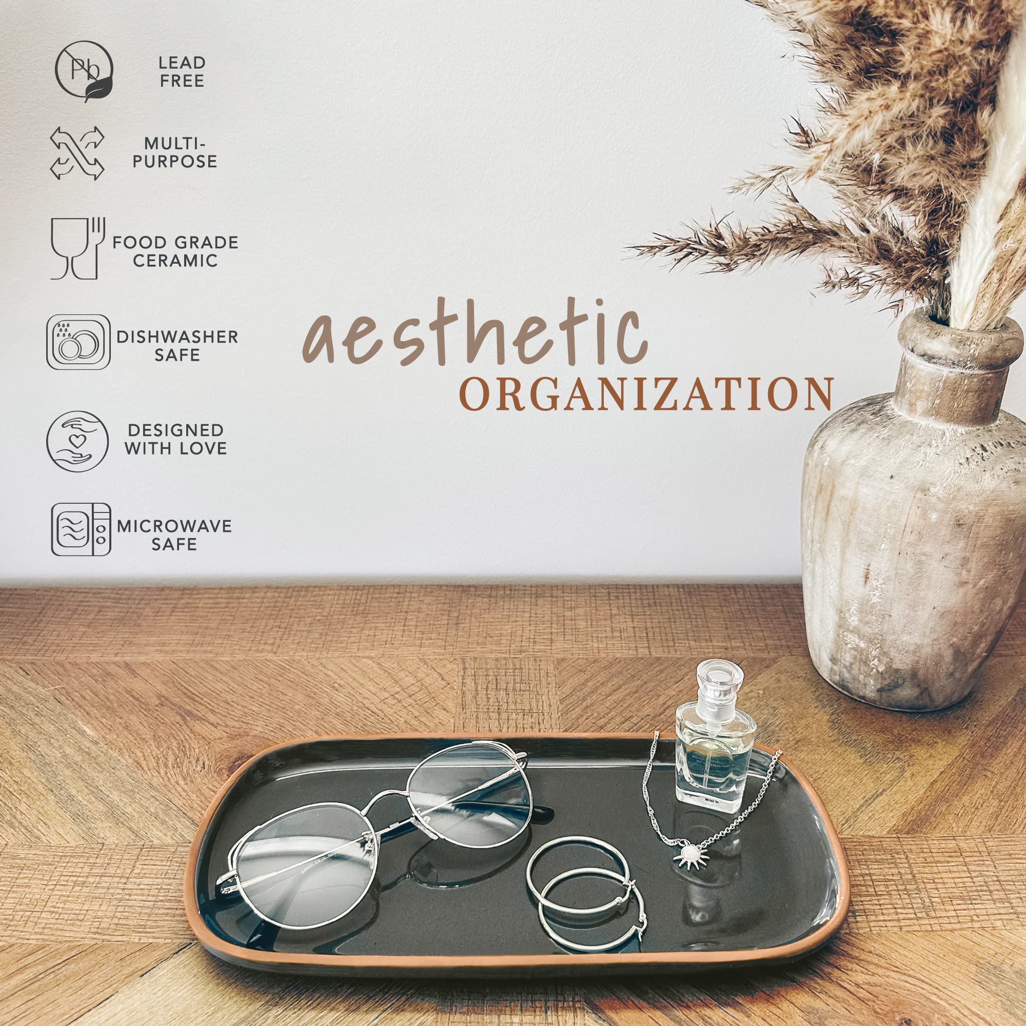 Mora Ceramic Decorative Tray - Rectangle 10In Dish For Jewelry, Soap Dispenser, Perfume, Makeup, Accessories, Candle, In The Bat