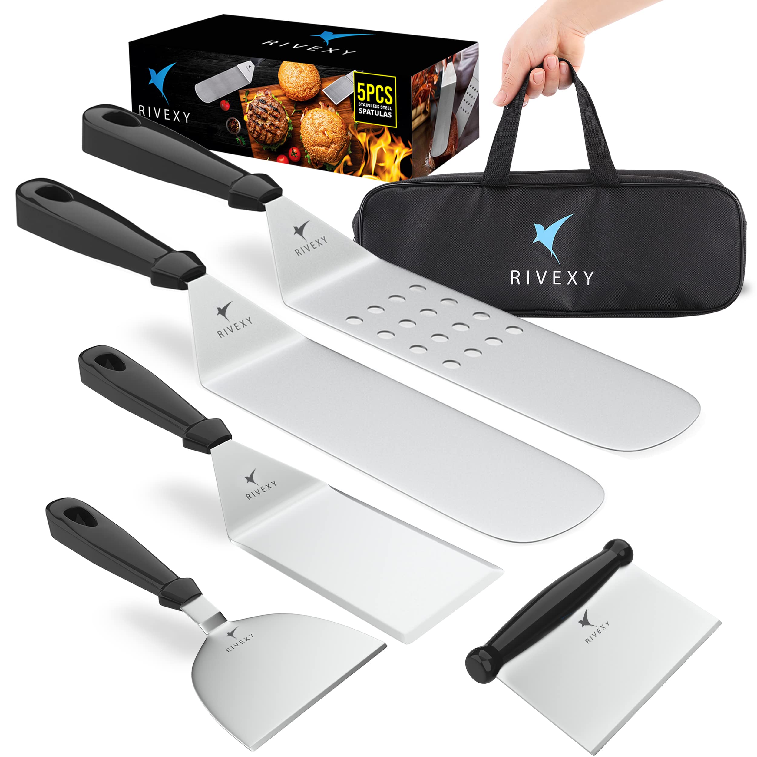 Rivexy 5 Pcs Grill Spatula For Outdoor Grill Premium Quality Metal Spatula For Cast Iron Skillet Durable Flat Top Grill Accessor