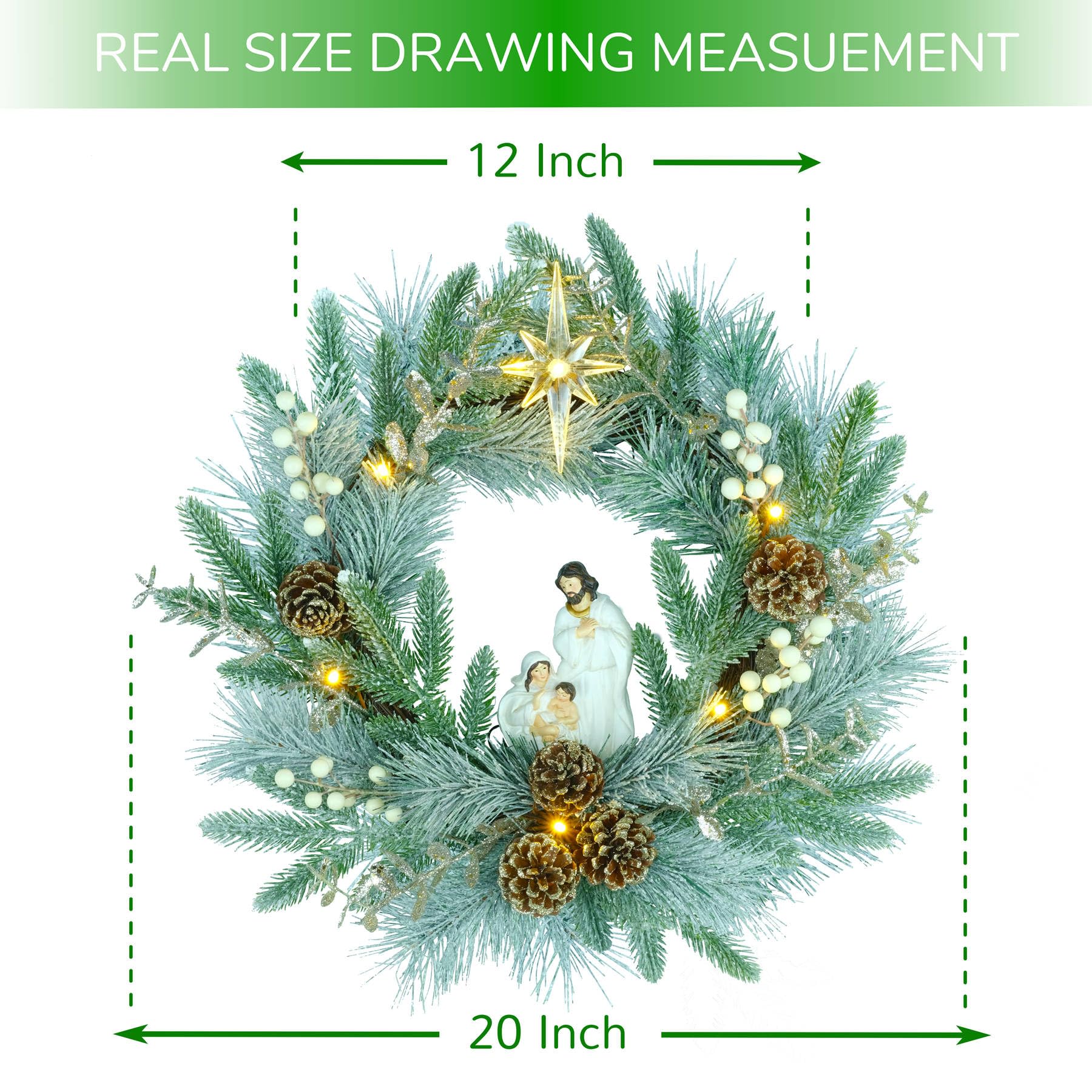 YULETIME 20 Pre-Lit Nativity Wreath, Battery Operated with 10 Fairy Lights, Holy Family Nativity Statue, Star of Bethlehem, Pine