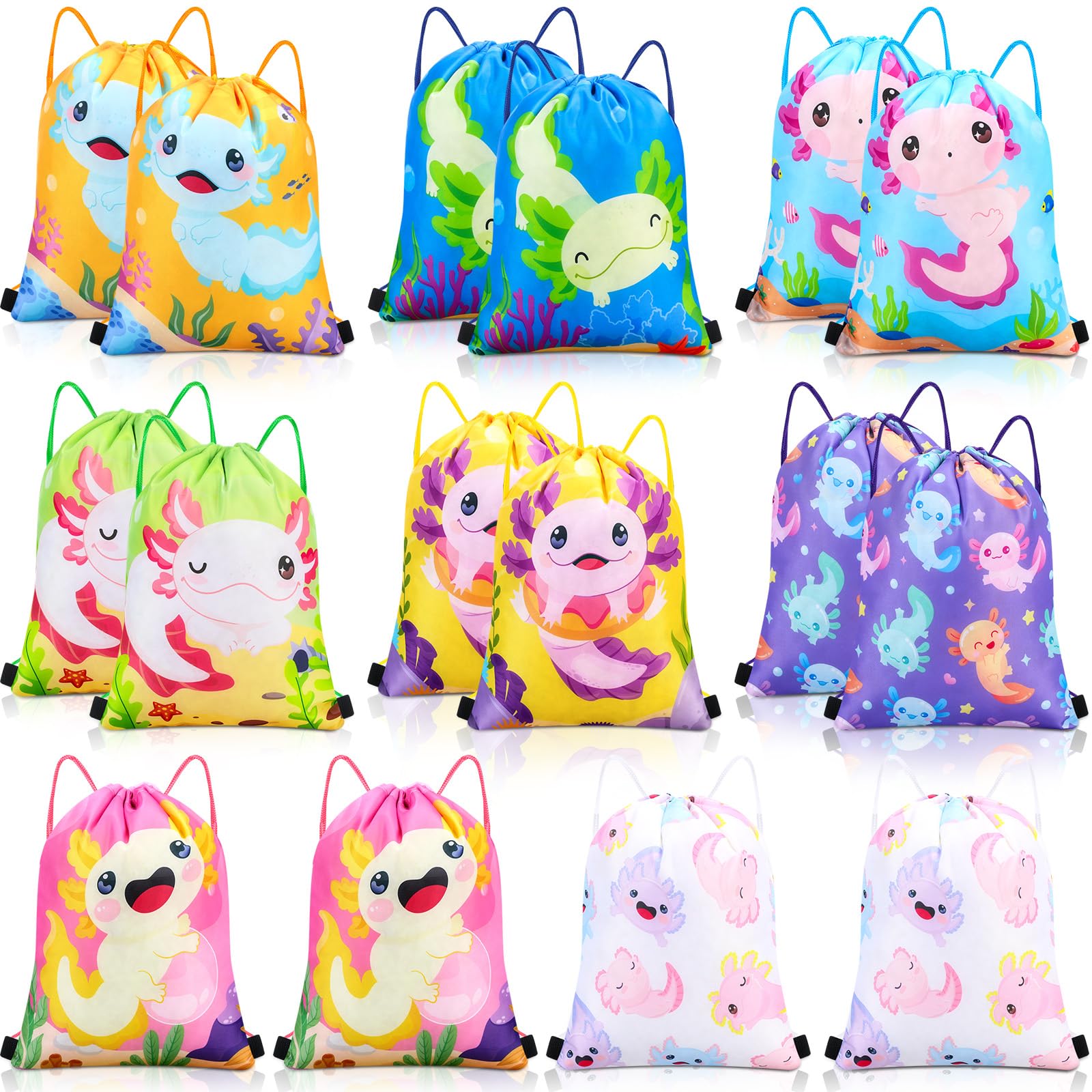 Honoson 16 Pcs Axolotl Drawstring Backpack Axolotl Goodie Bags Amphibian Themed Gift Bags Drawstring Backpack Reptile Animals Pa