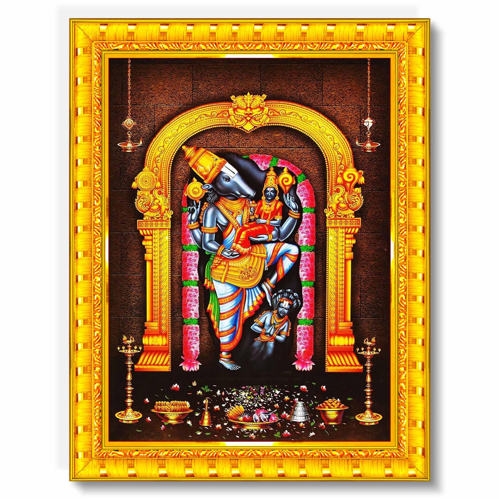 Pavan Photo Laminations Varaha Swamy Lakshmi Devi Lord Varah Varahar Wall Painting Framed Home Decor (Wood,Matte,Gold,Small Size