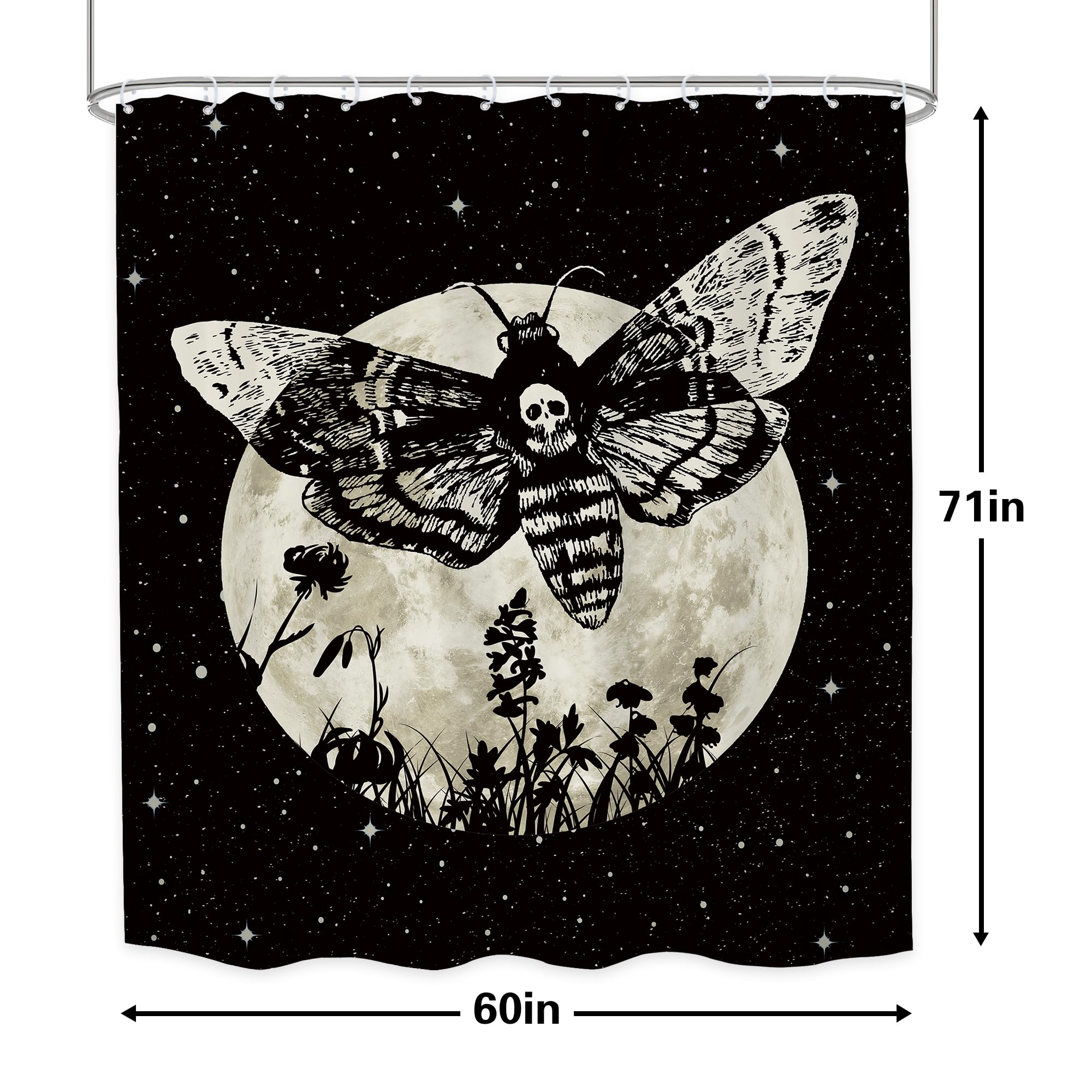 Lghtyro Gothic Skull Moth Shower Curtain Bathroom Set 60Wx71H Inches Mysterious Moon Stars Scary Black Floral Plant Leaves Bath