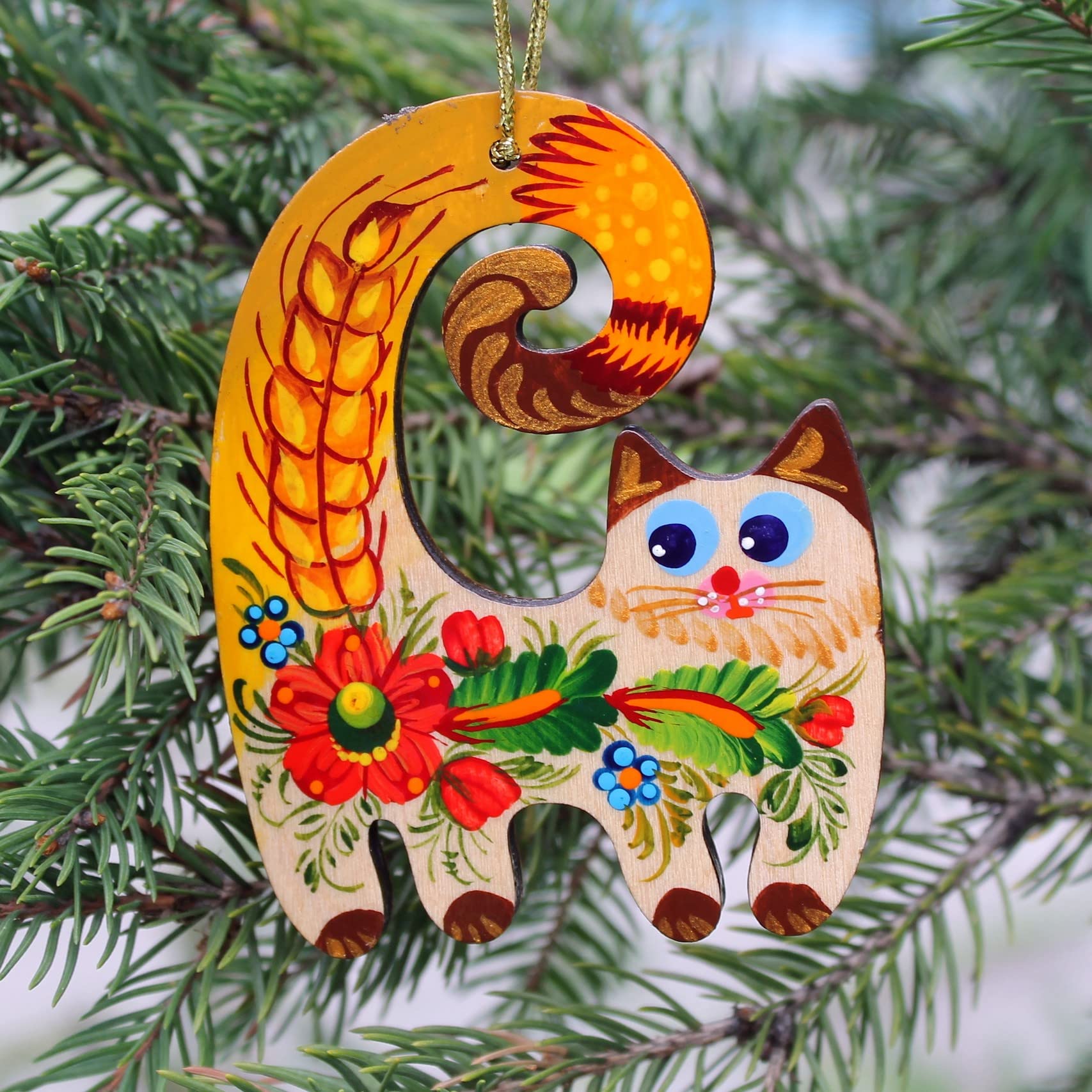Rustic Wooden Cat Christmas Tree Ornament 3,3 ? 2,8 ? 0,2 Inch | 7 ? 8,5 ? 0,5 cm Ukrainian Folk Art Petrykivka Hand-painted Ris