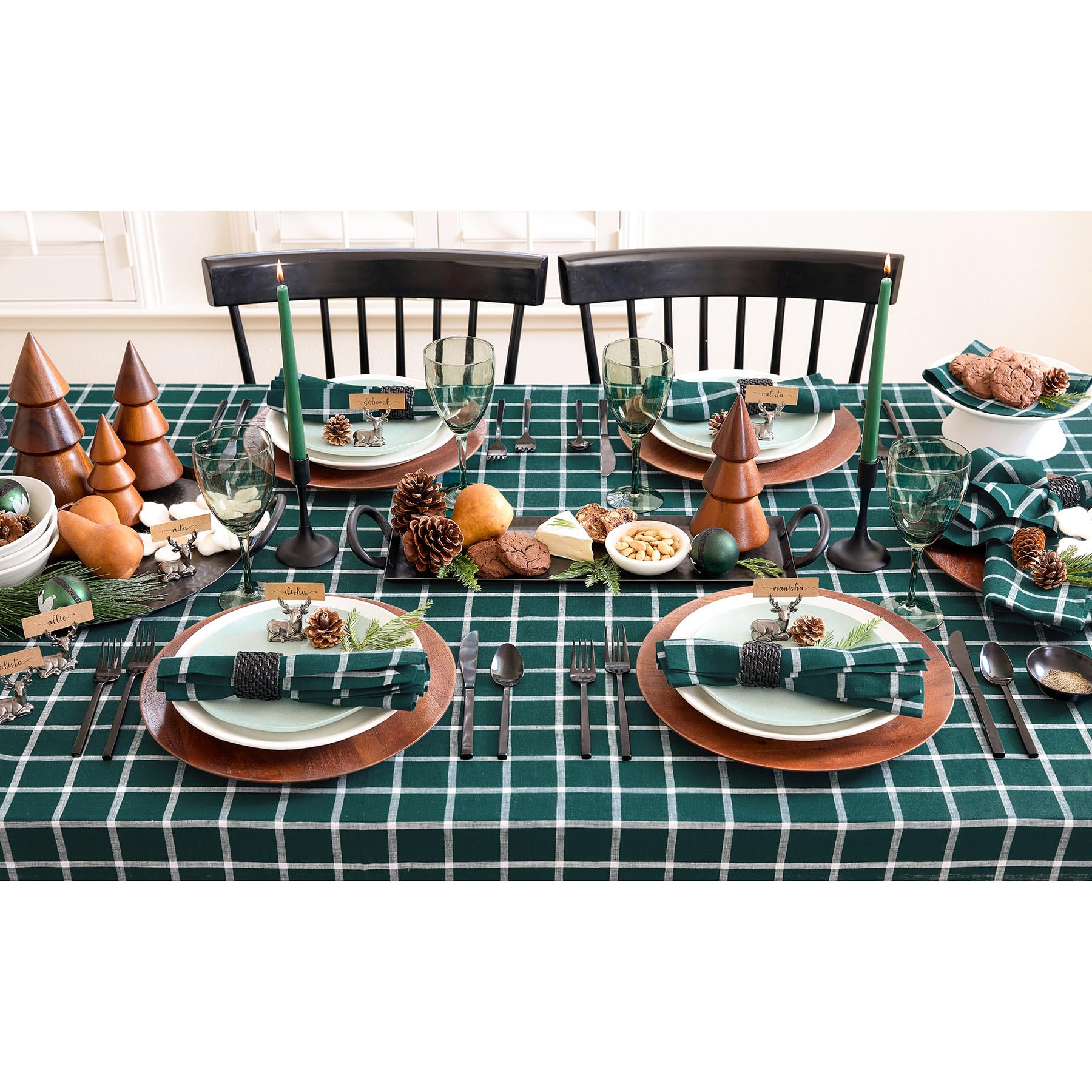 Solino Home Plaid Linen Cloth Napkins Set Of 4-100% Pure Linen Dark Green Check Dinner Napkins 20 X 20 Inch - Handcrafted And Ma