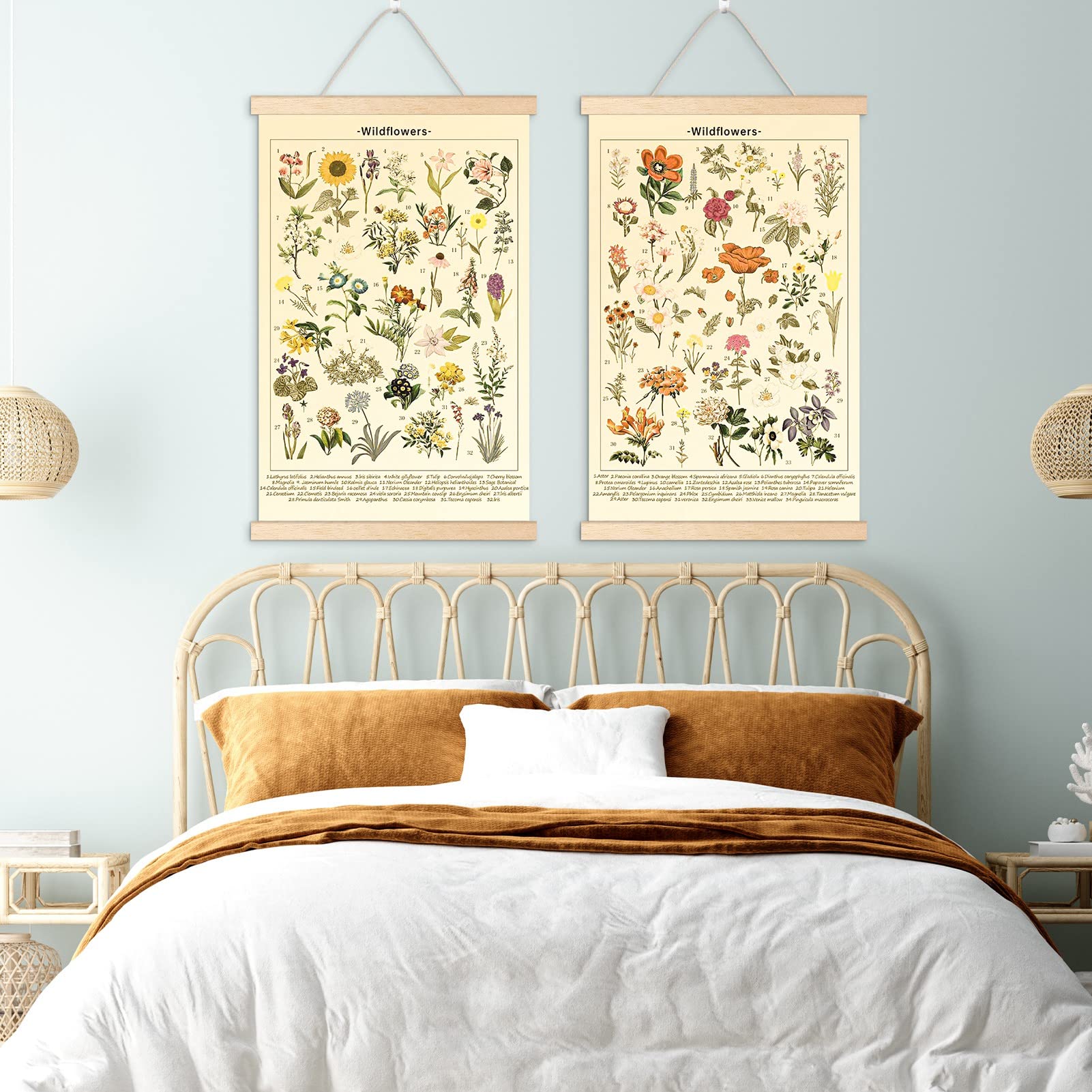 Chenkaiyang 2 Pcs Vintage Hanging Poster,Flowers Wall Hanging Botanical Rustic Retro Wall Art Prints Flower Chart Posterfor Livi