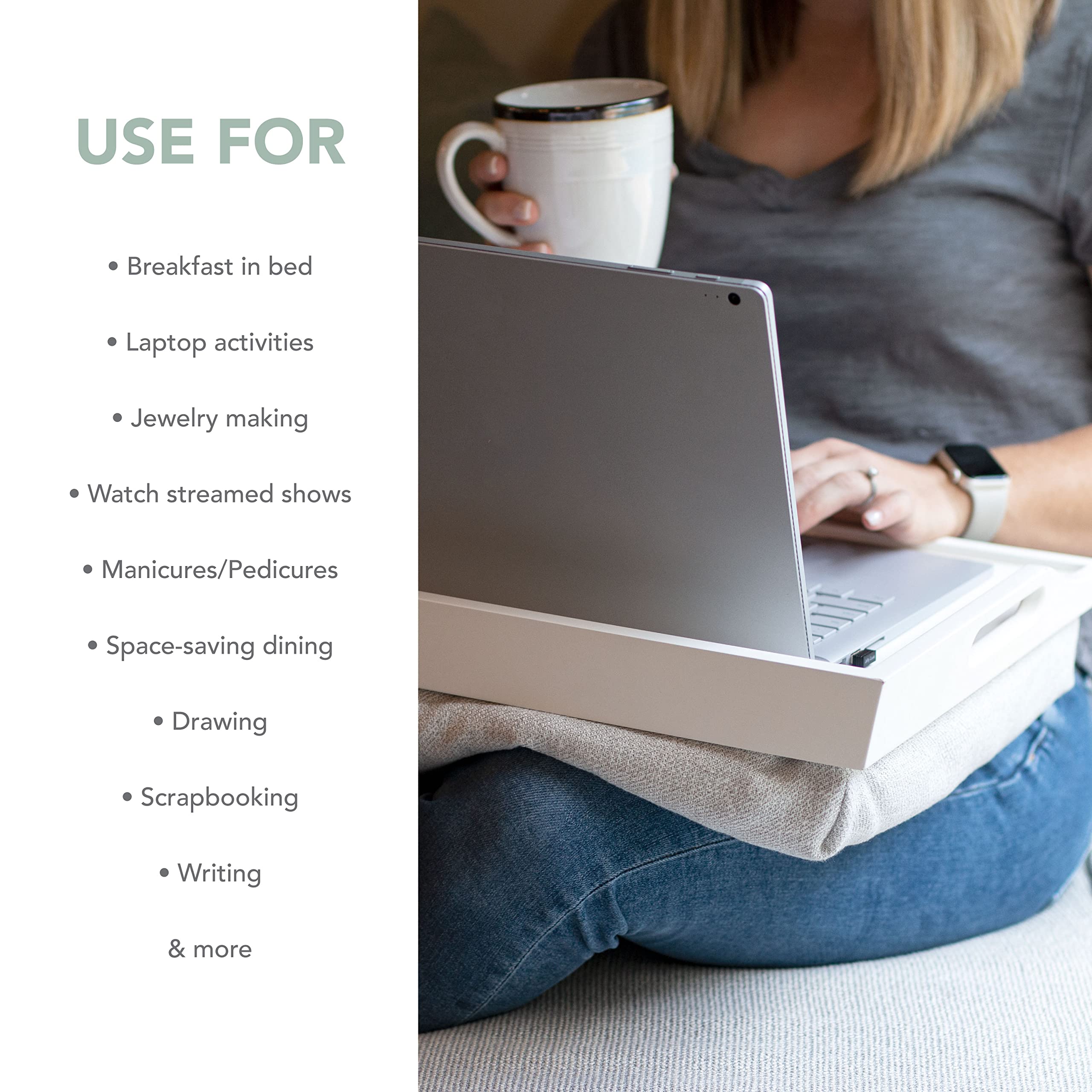Rossie Home Wood Bed Tray Lap Desk With Detachable Cushion, Serving Tray - Soft White - Fits Up To 15.6 Inch Laptops - Style No.