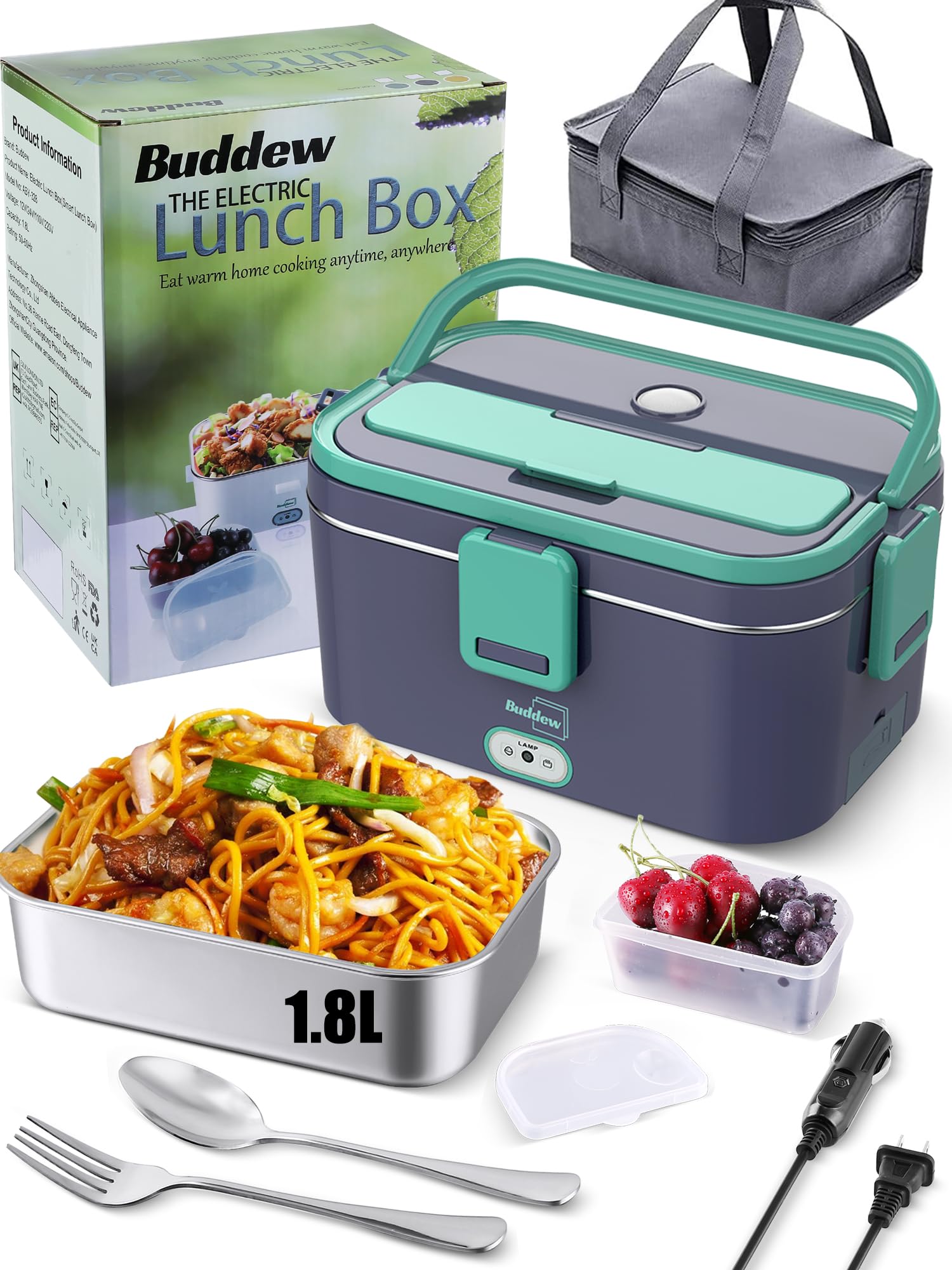 Electric Lunch Box 70W Food Heater - Buddew 3 In 1 12V/24V/110-230V Portable Lunch Warmer (1.8L Large-Capacity) Heated Lunch Box