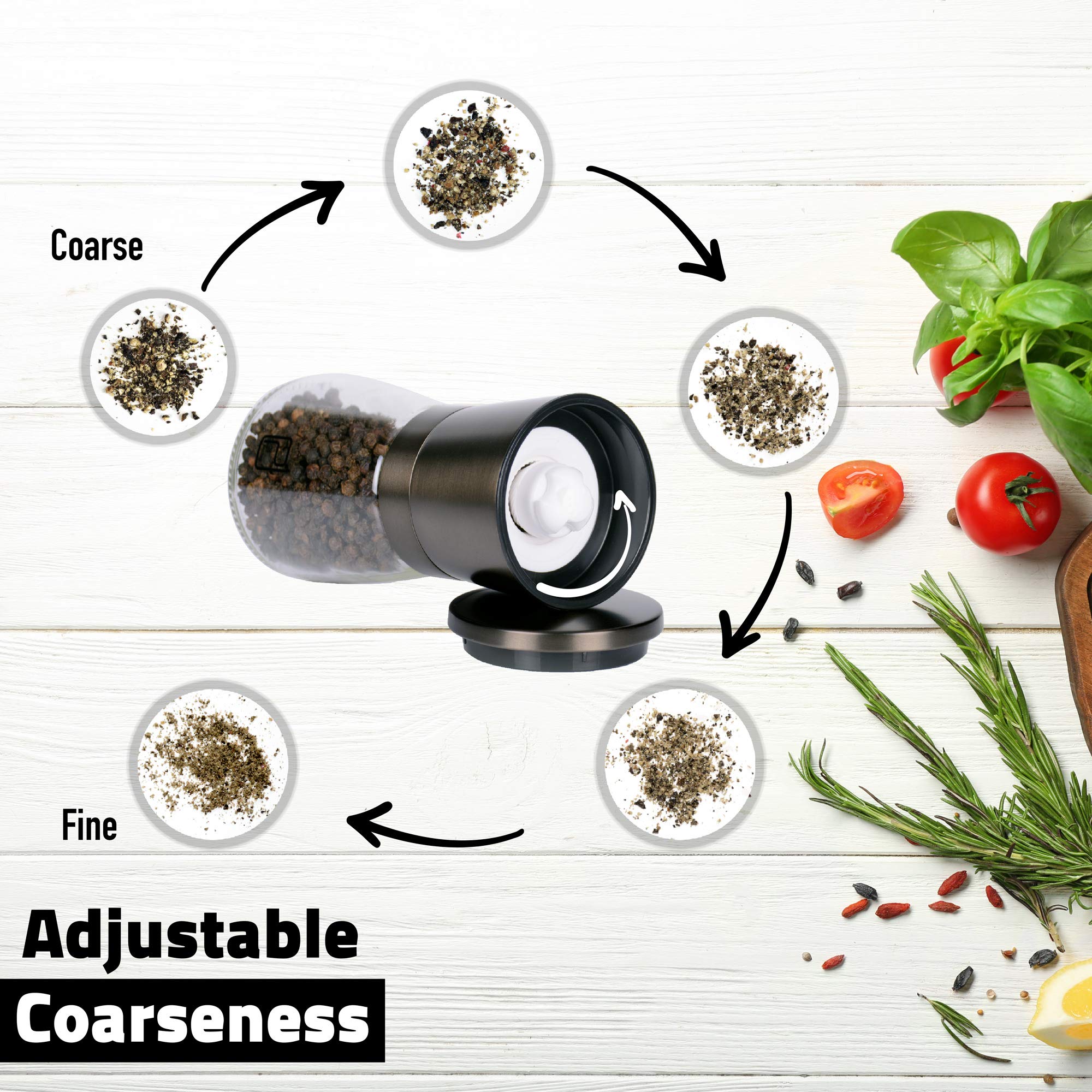 Premium Black Stainless Steel Salt And Pepper Grinder Set With Stand In Bamboo Wood - Gunmetal Salt And Pepper Shakers With Adju