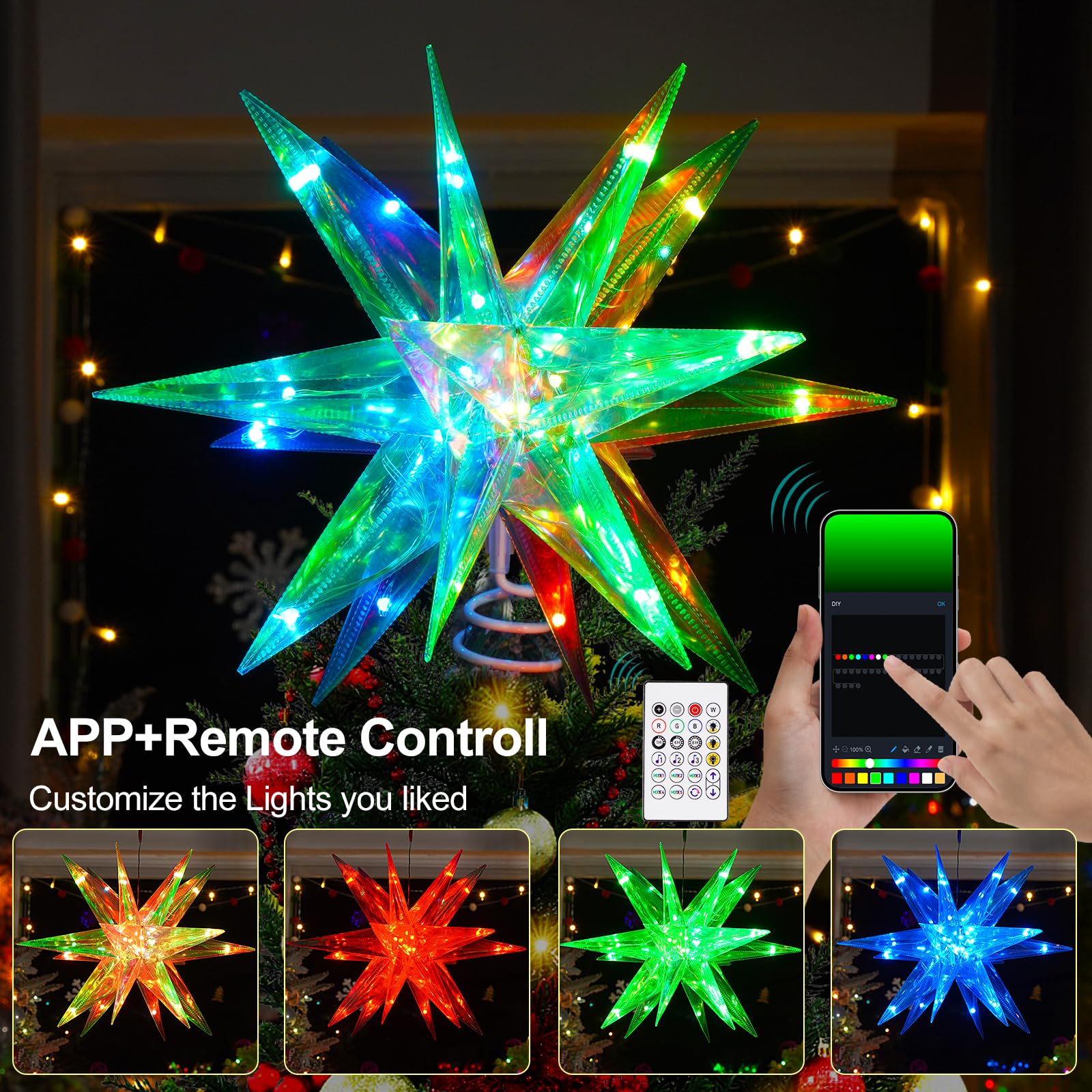 Christmas Star Tree Topper, 13.8 Xmas Smart Tree Decorations, Crystal-Like 3D Polygonal Shell, App Control LED Christmas Light,