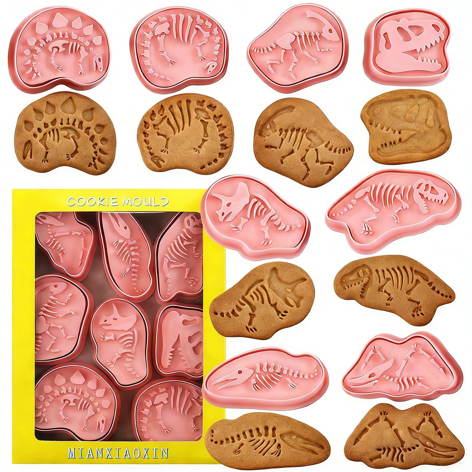 8Piece 3D Dinosaur Fossil Cookie Cutter and Stamp Set, Plastic