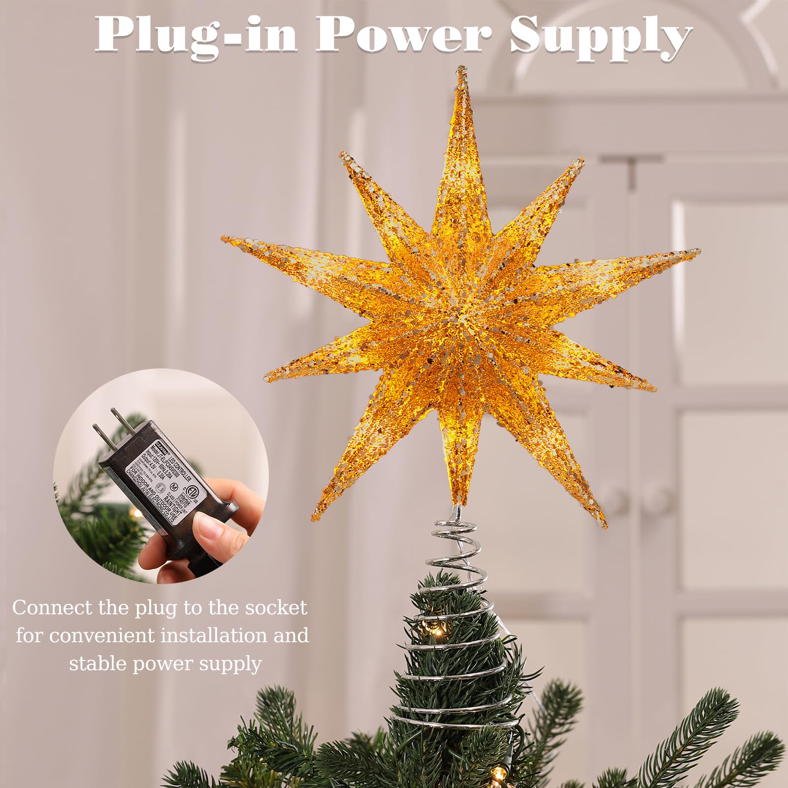 Lewondr Christmas Tree Topper Star, 13 Inch 10-Pointed Light Up Xmas Star Treetop with Plug and Remote Control for Home Christma