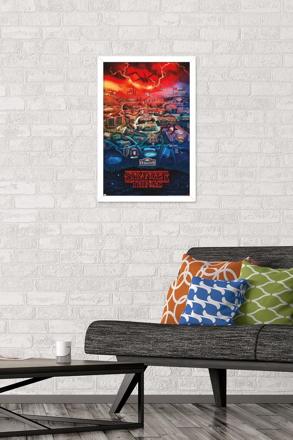 Trends International Netflix Stranger Things: Season 4 - Hawkins, Indiana Wall Poster, 14.725'' X 22.375'', White Framed Version