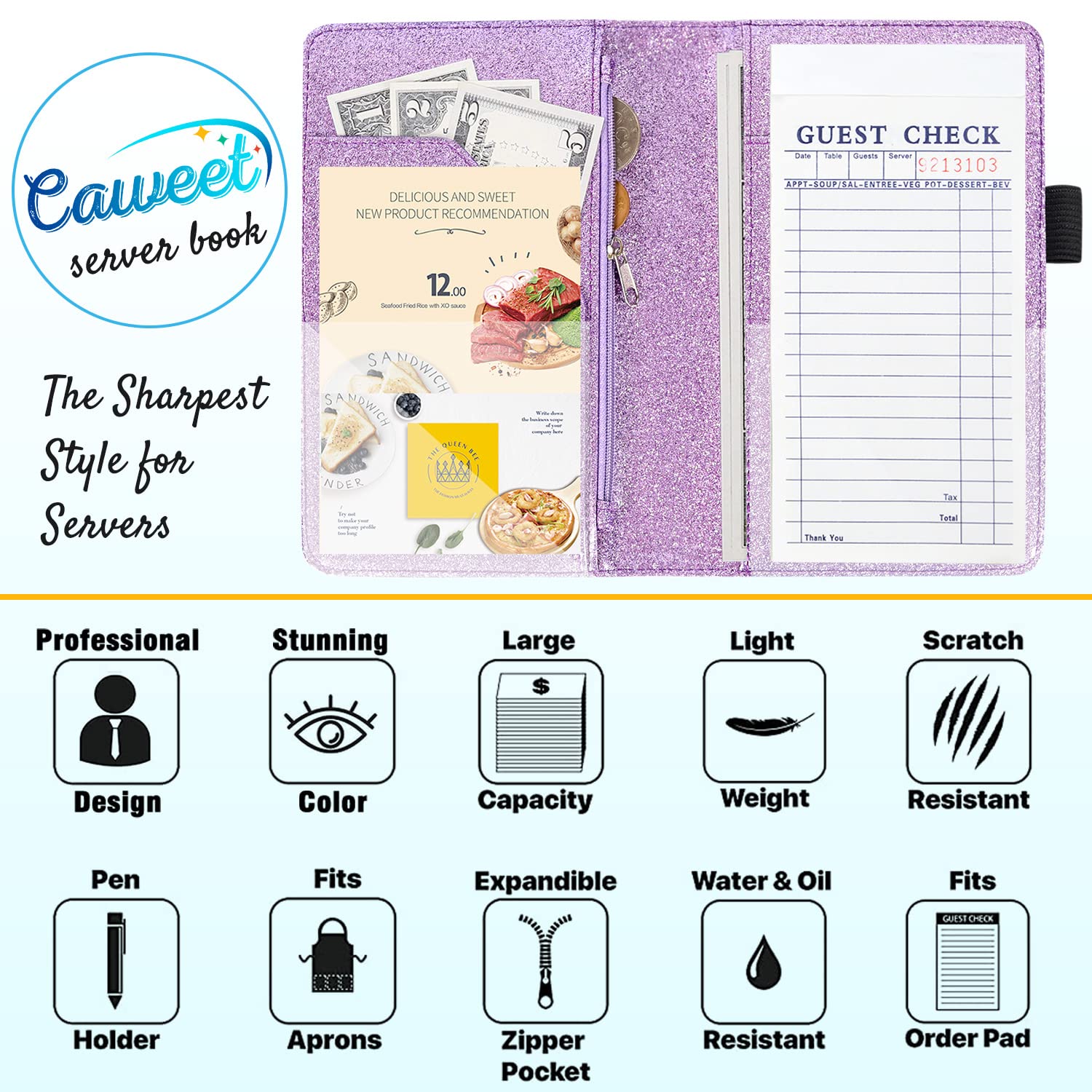 Server Book for Waitress-Leather Waitress Book Organizer with Zipper Pocket Cute Waiter Book Server Wallet with Elastic Band Closure  Glitter Purple