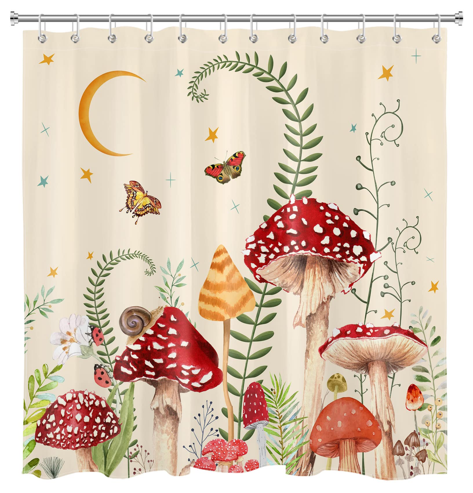 Eobtain Mushroom Shower Curtain Retro Mushrooms Butterfly Floral Boho Moon Stars Botanical Wildflowers Green Plant Aesthetic Bat