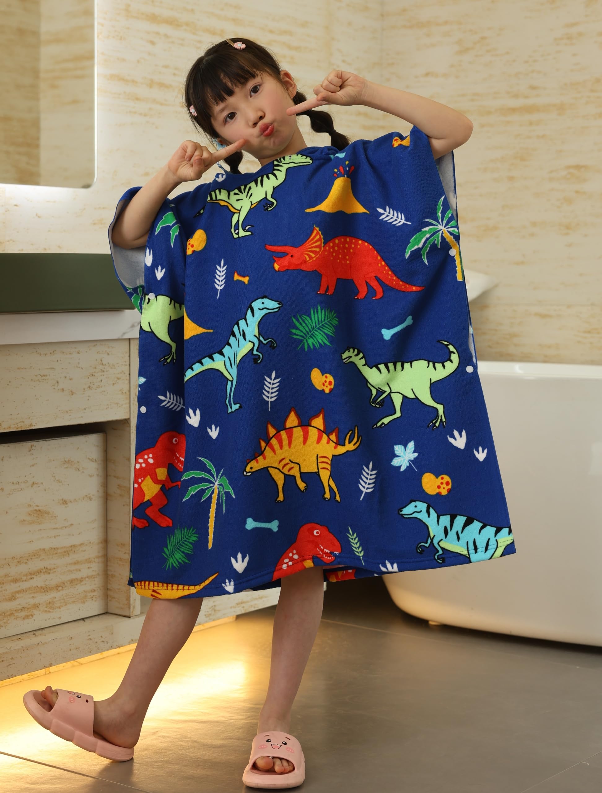 Athaelay Soft Swim Cover-Ups For 3 To 10 Years Old Kids Hooded Bath Beach Poncho Towels With Drawstring Bag (Dinos, Fits 3-10 Ye