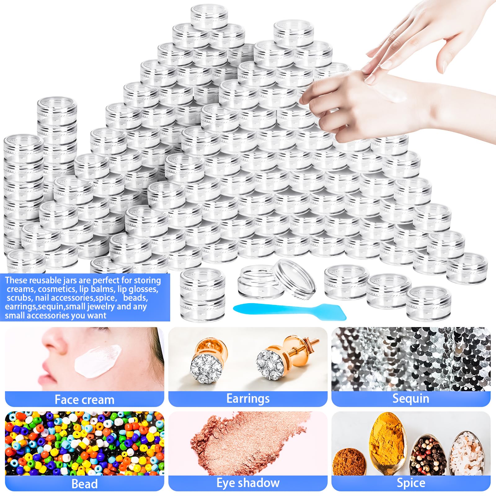 Motbach 100 Pcs 5G Empty Plastic Containers With Clear Lids,Mini Makeup Sample Containers, Small Sample Pot Jars Round Cosmetic