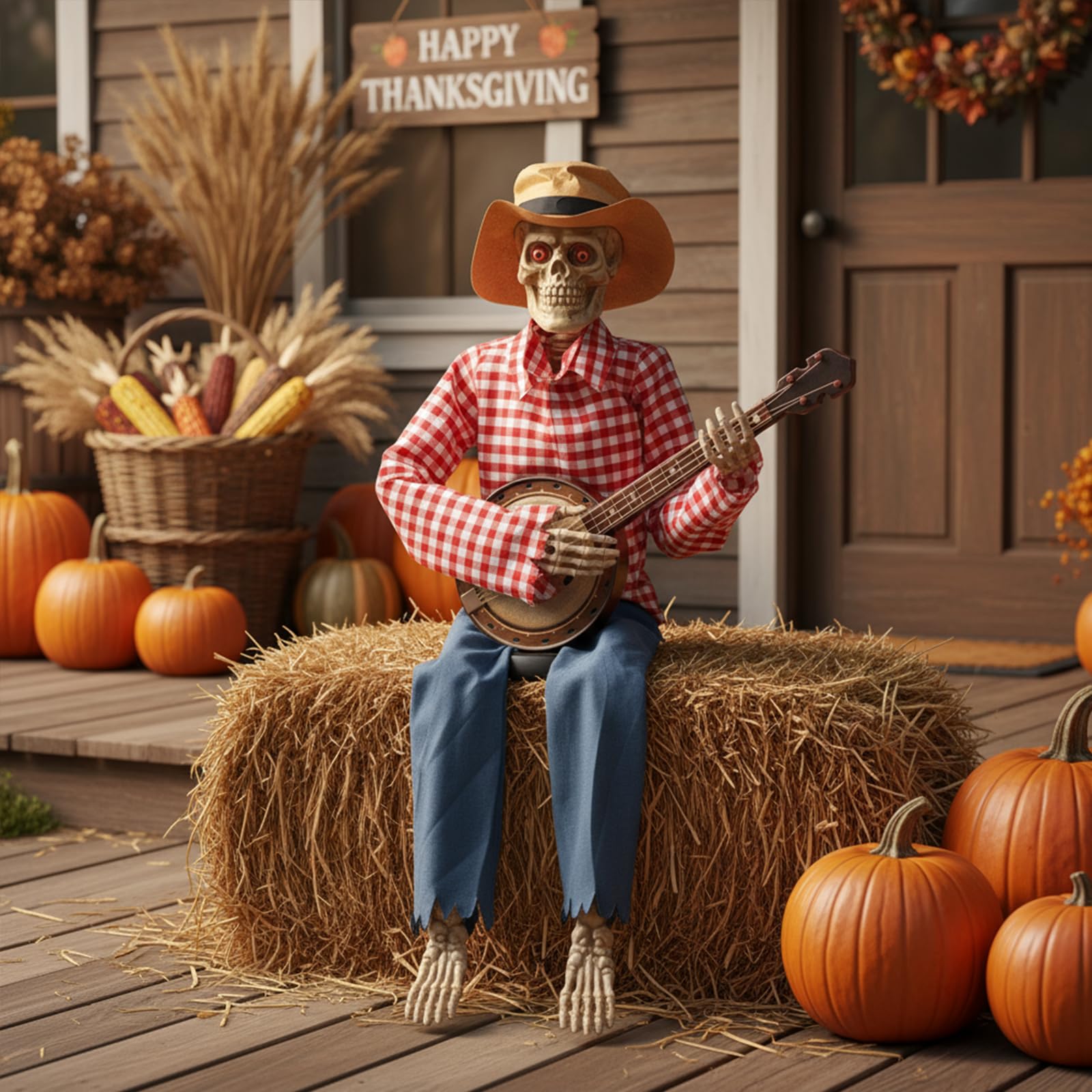 39 Fall Thanksgiving Banjo Playing Skeletons - Animated Scarecrow Decorations Autumn Harvest Day Gifts Halloween Fall Prop Decor