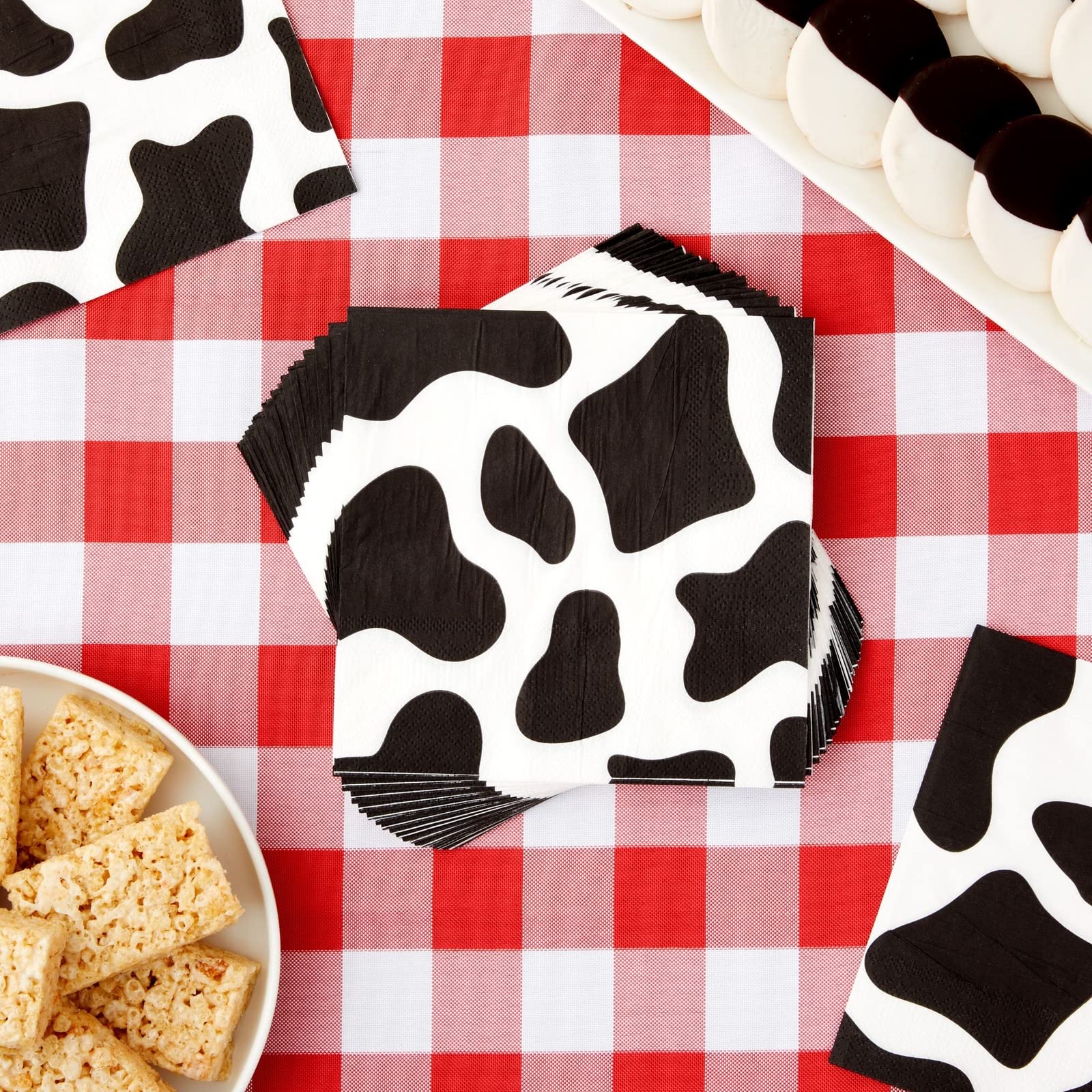 Blue Panda - 100 Pack Cow Print Napkins For Farm Animal Birthday Party Supplies (2-Ply, 6.5 X 6.5 In)