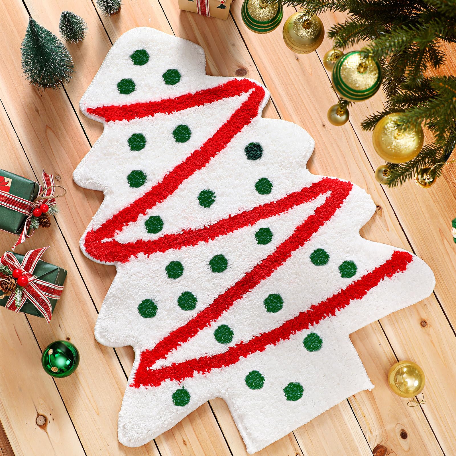 Drydiet Christmas Tree Cake Bathroom Rug Xmas Tree Door Mat Bath Mat Red White Green Shower Bathroom Decoration Rug Non Slip Was