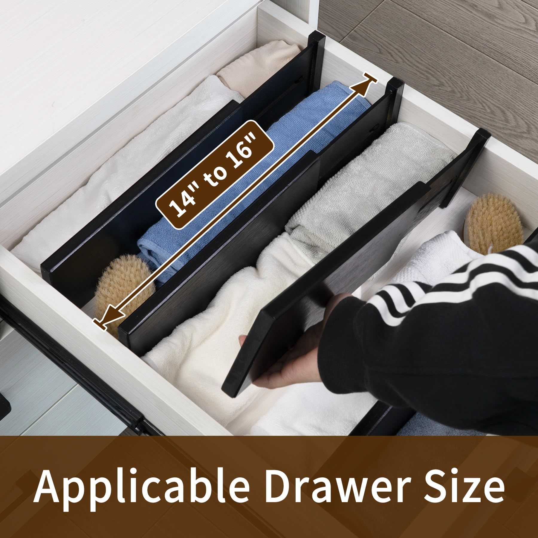 Utoplike 4 PCS Bamboo Drawer Dividers, Adjustable Black Drawer Organizers for Socks, Spring Loaded, Works in Kitchen, Dresser, B