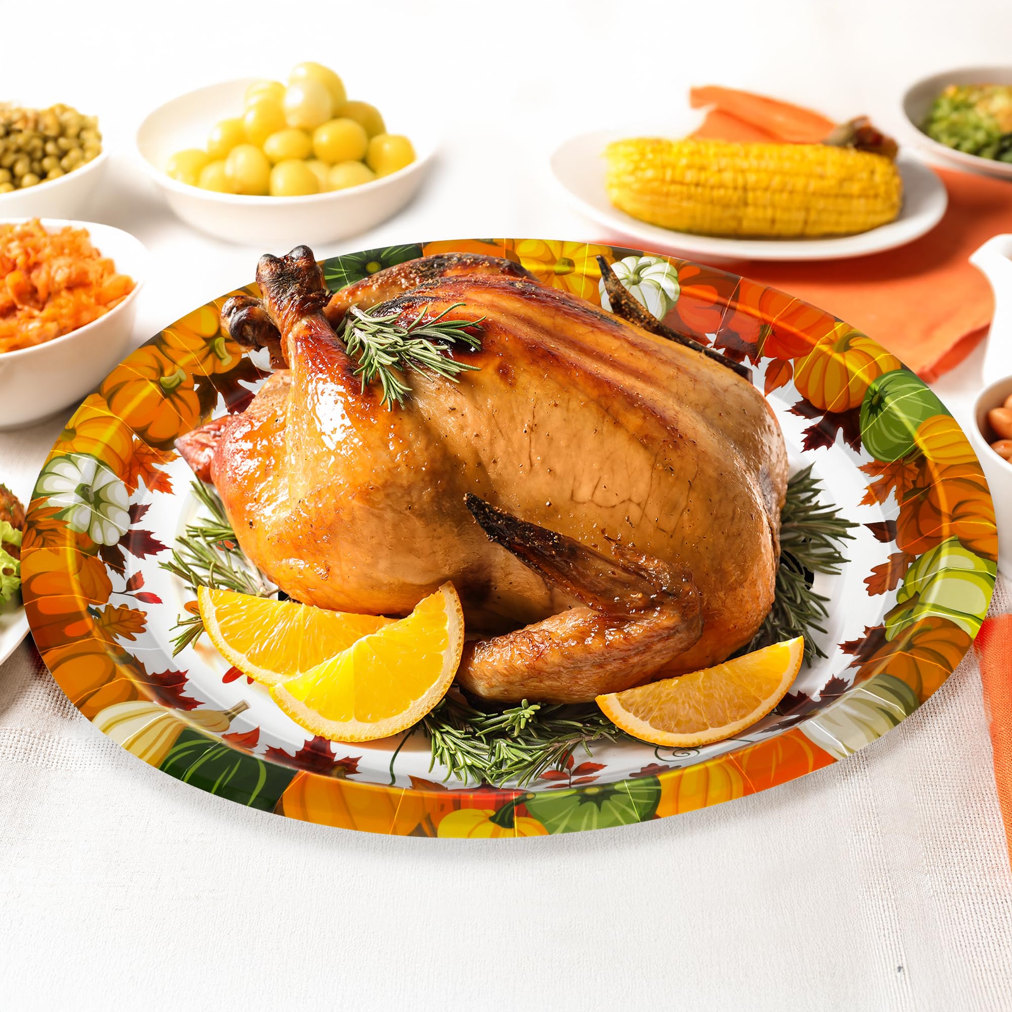 QZYL 50 Pcs Thanksgiving Plates, 12.2 x 10.2 Inches Disposable Heavy Duty Paper Plates, Oval Thanksgiving Disposable Plates Autu