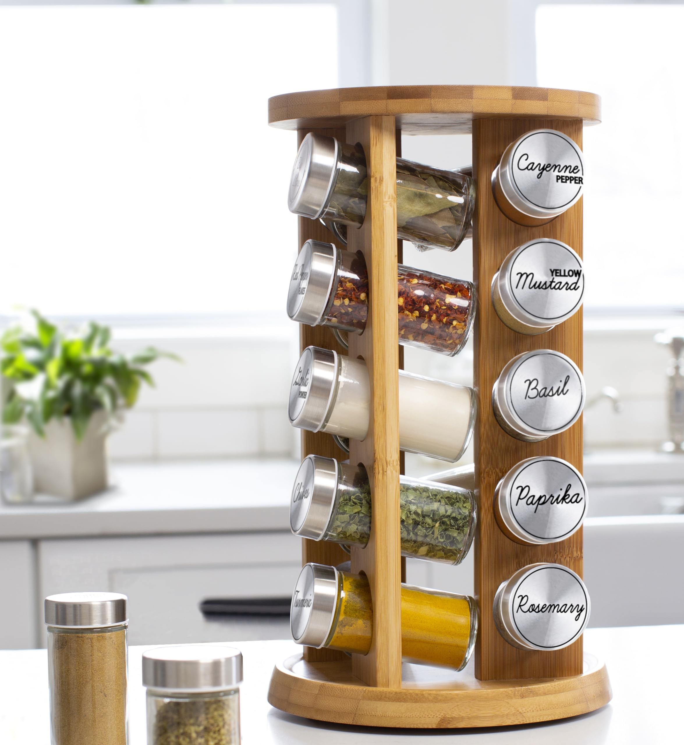 Orii 20 Jar Bamboo Spice Rack with Spices Included - Rotating Tower Organizer for Kitchen Spices and Seasonings, Free Spice Refi