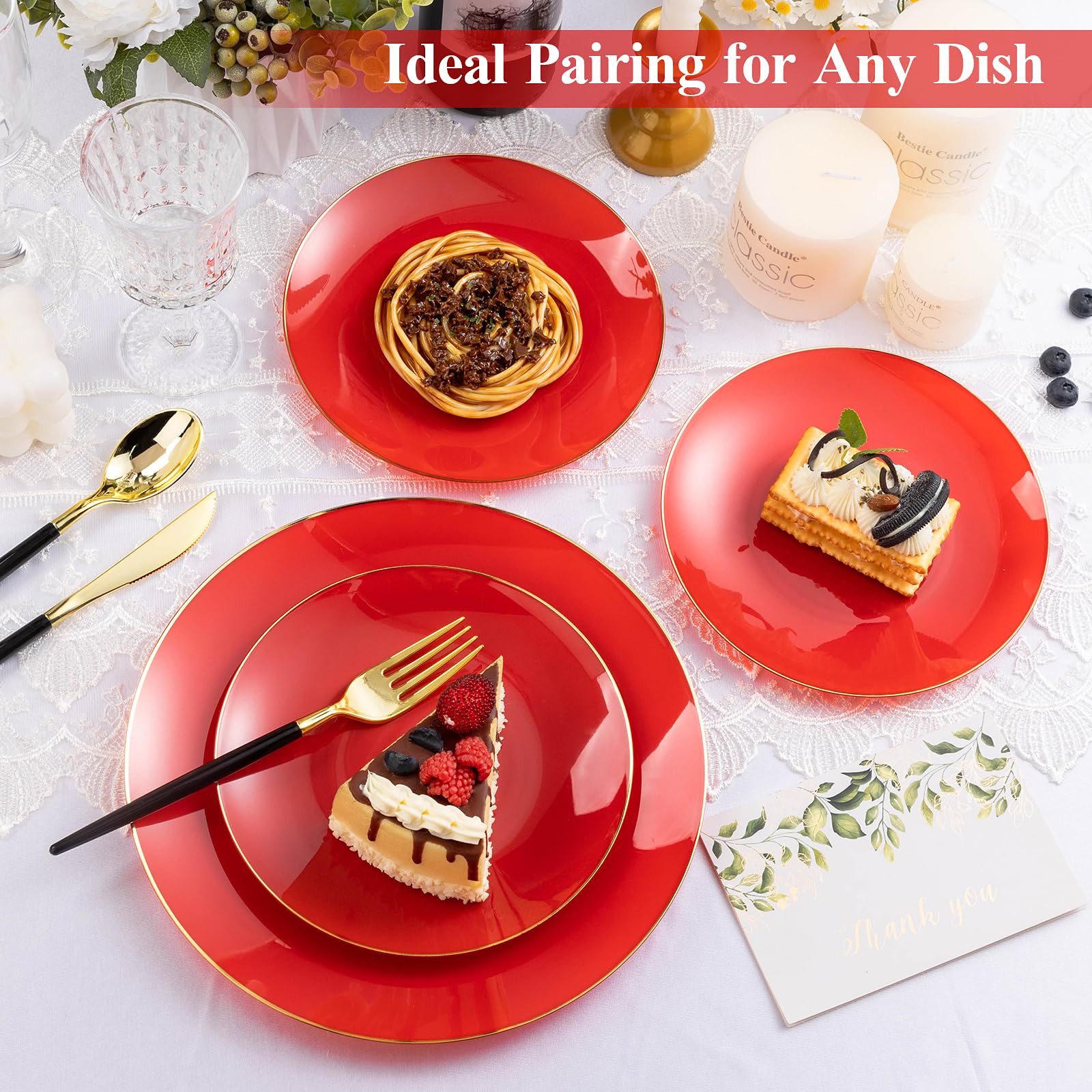 Bestluck 100Pcs Red Plastic Plates, Red Disposable Plates For 50 Guests, Red And Gold Plates Include 50 Red Party Plates, 50 Red