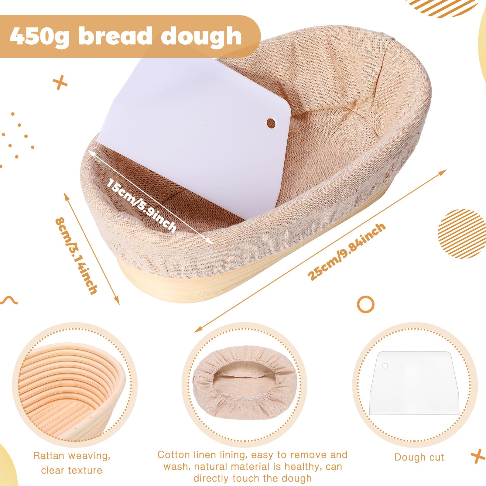 Gejoy Oval Banneton Bread Proofing Basket Set Of 8, Sourdough Bread Baking Bowl Kit With Cloth Liners And Dough Scrapers Natural