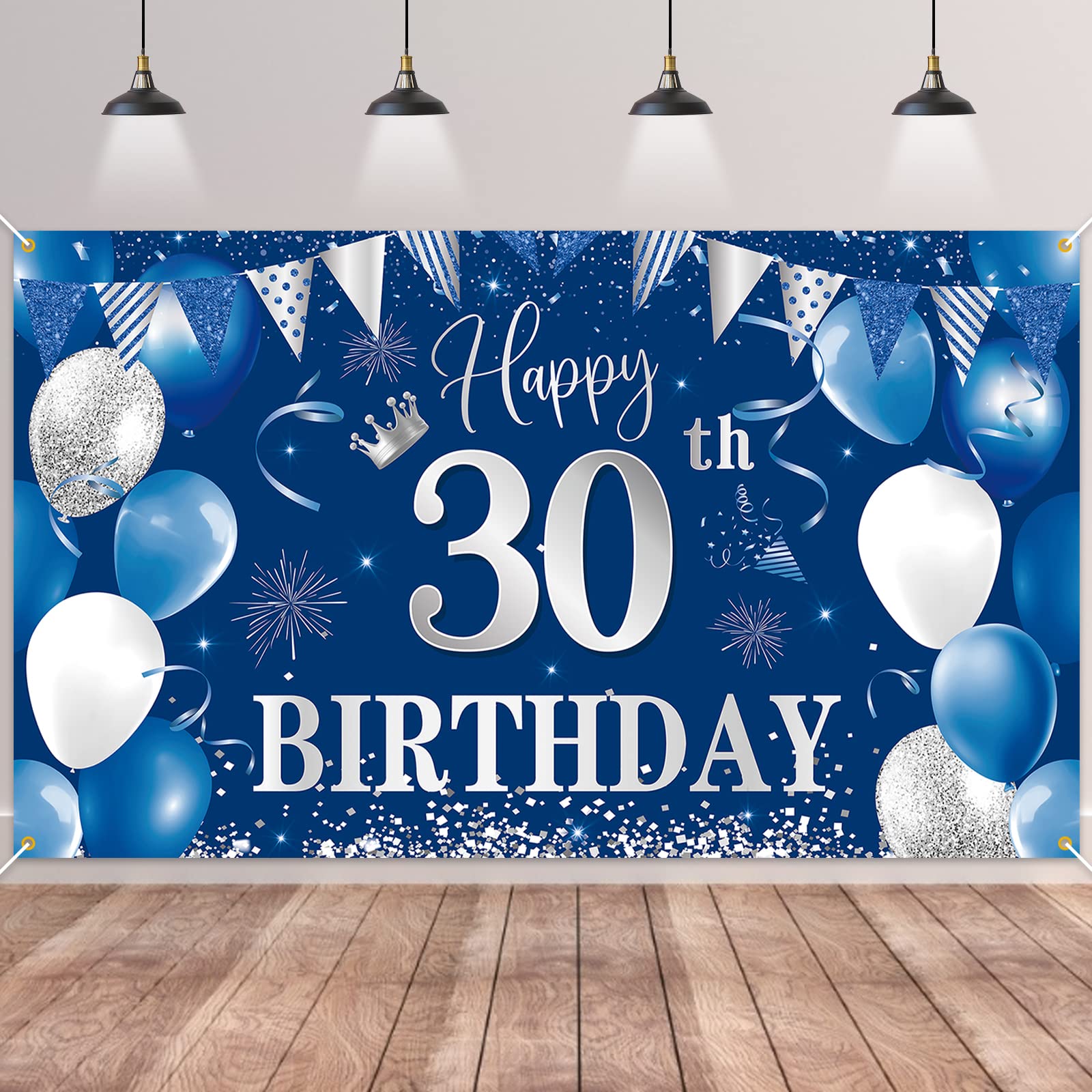 30Th Birthday Banner Backdrop,Btzo Happy 30Th Birthday Decorations,Blue Silver Fabric Photo Backdrop Background For Men And Wome