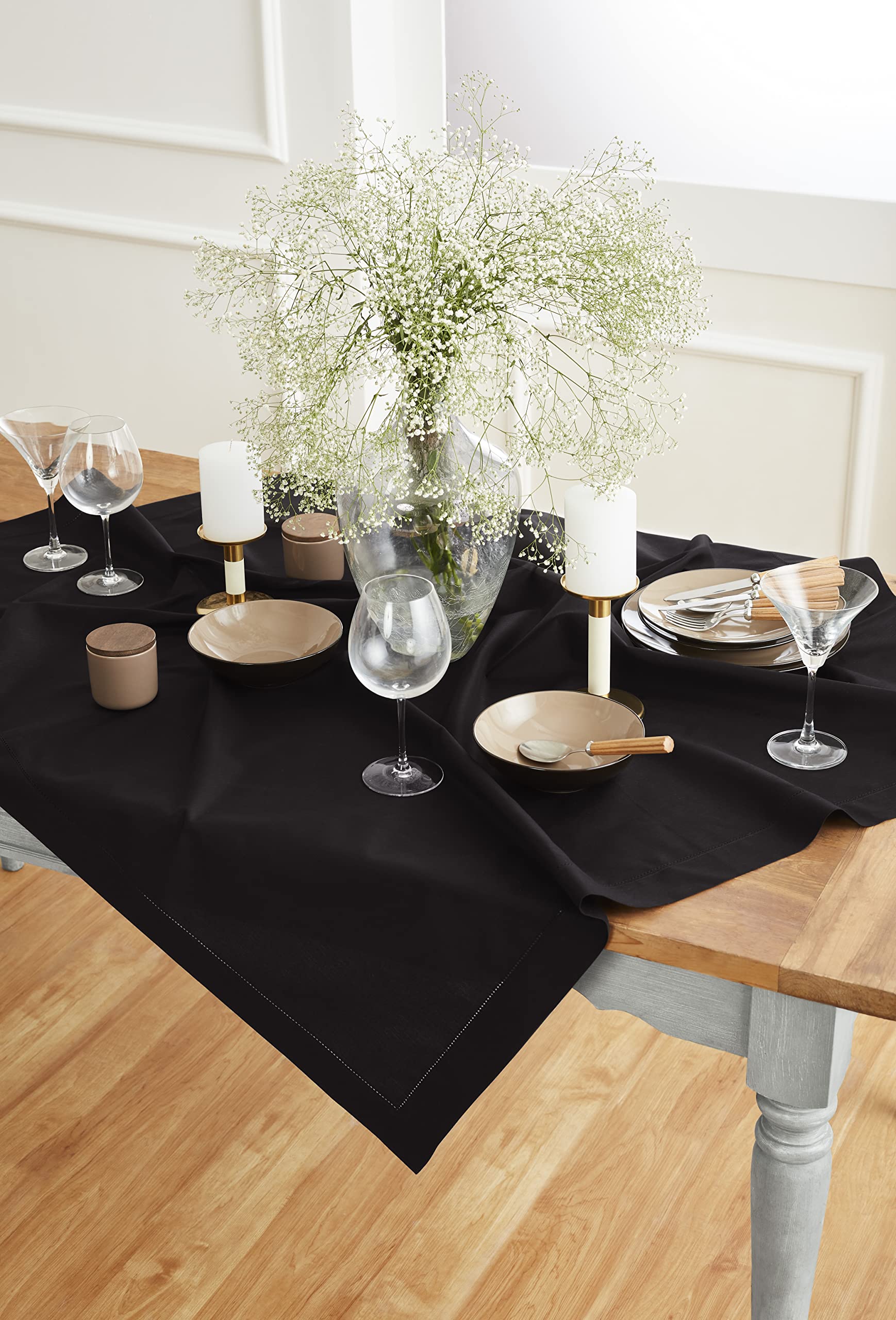 Solino Home Black Tablecloth - Cotton Linen Hemstitch Tablecloth 52 X 52 Inch - Machine Washable Square Table Throw For Fall, Ha