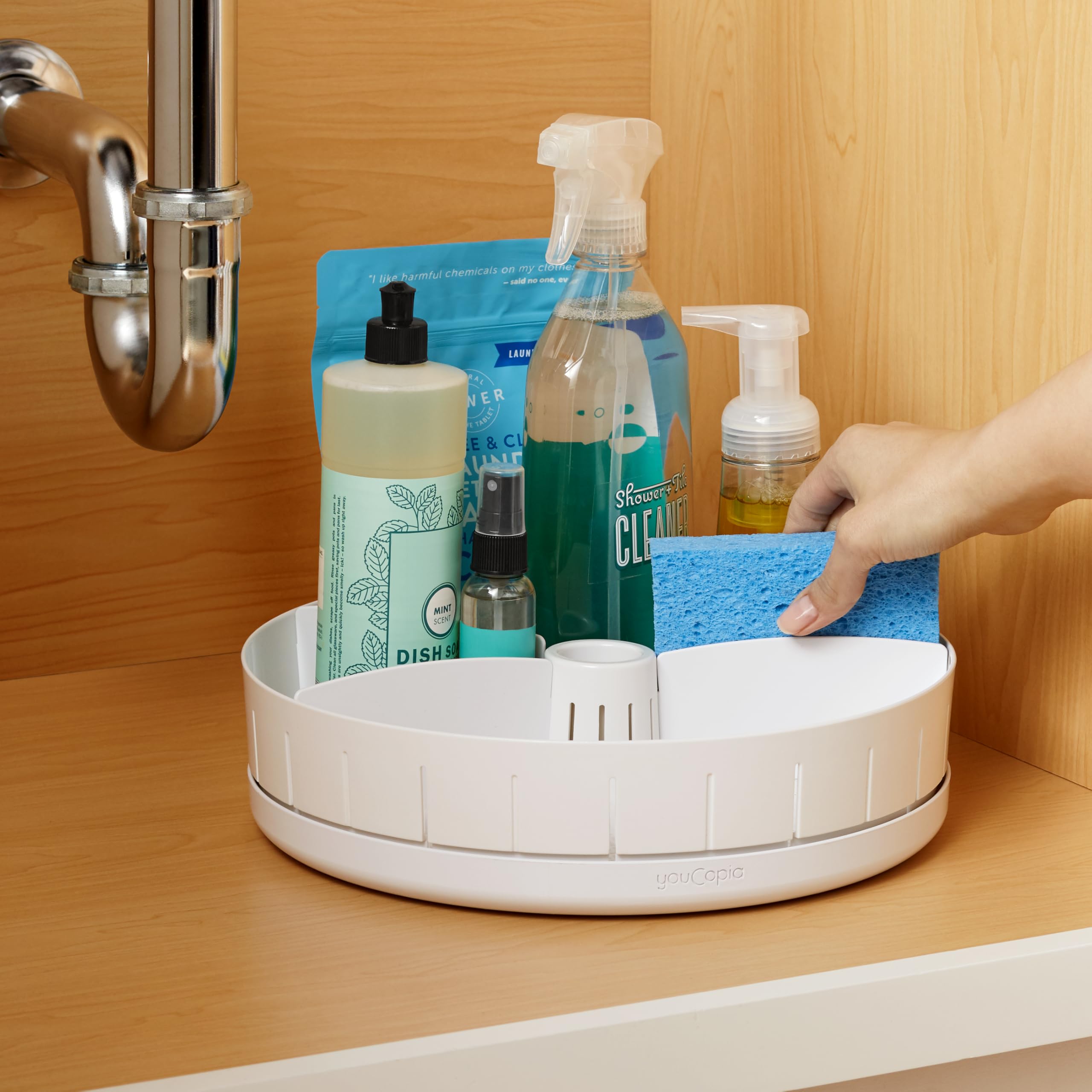 Youcopia Sinksuite Under Sink Turntable With Adjustable Dividers, Lazy Susan Organizer For Kitchen Or Bathroom Storage, White