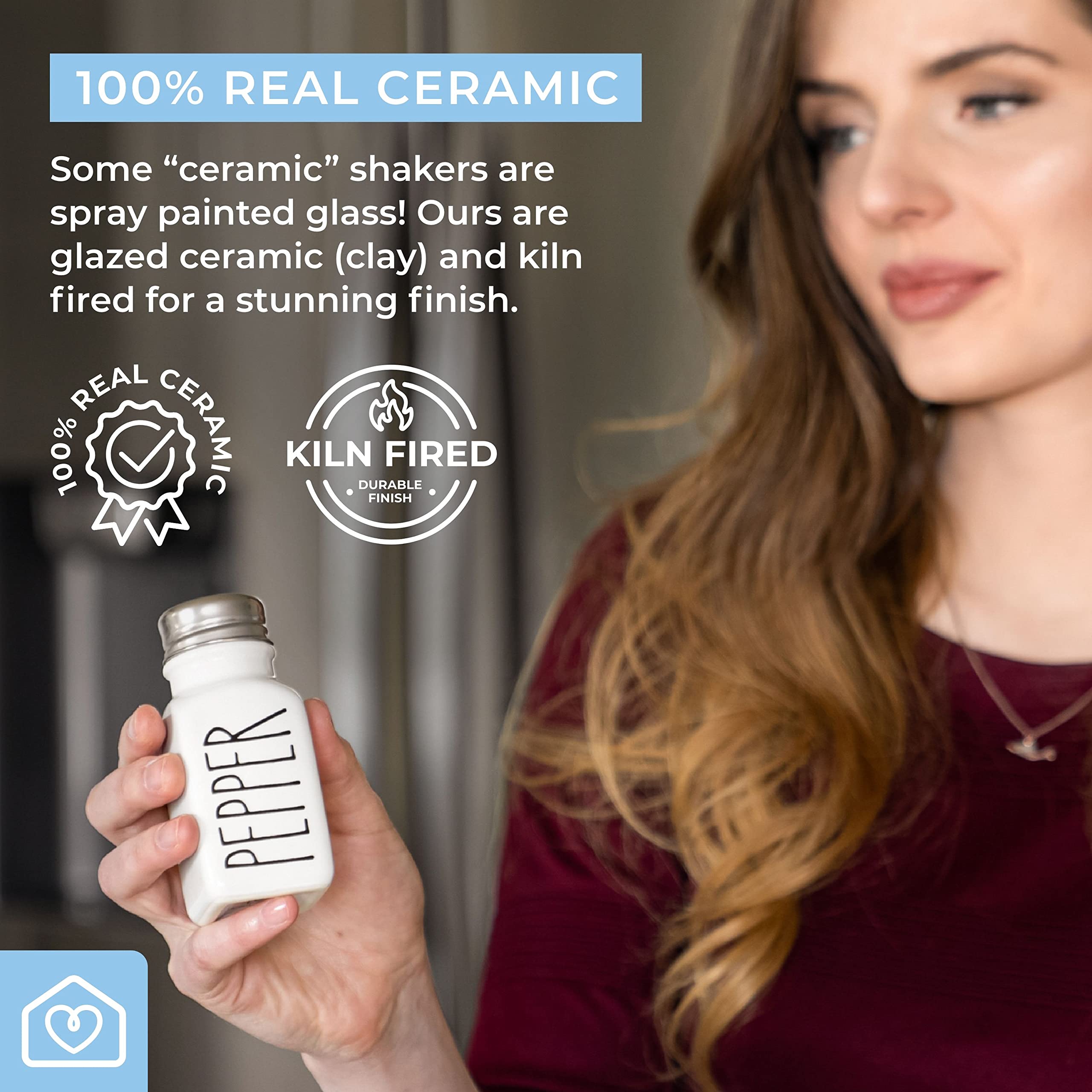 Farmhouse Ceramic Salt And Pepper Shakers Set With Extra Lids. 100% Stoneware Salt And Pepper Shaker Set. White Pepper And Salt