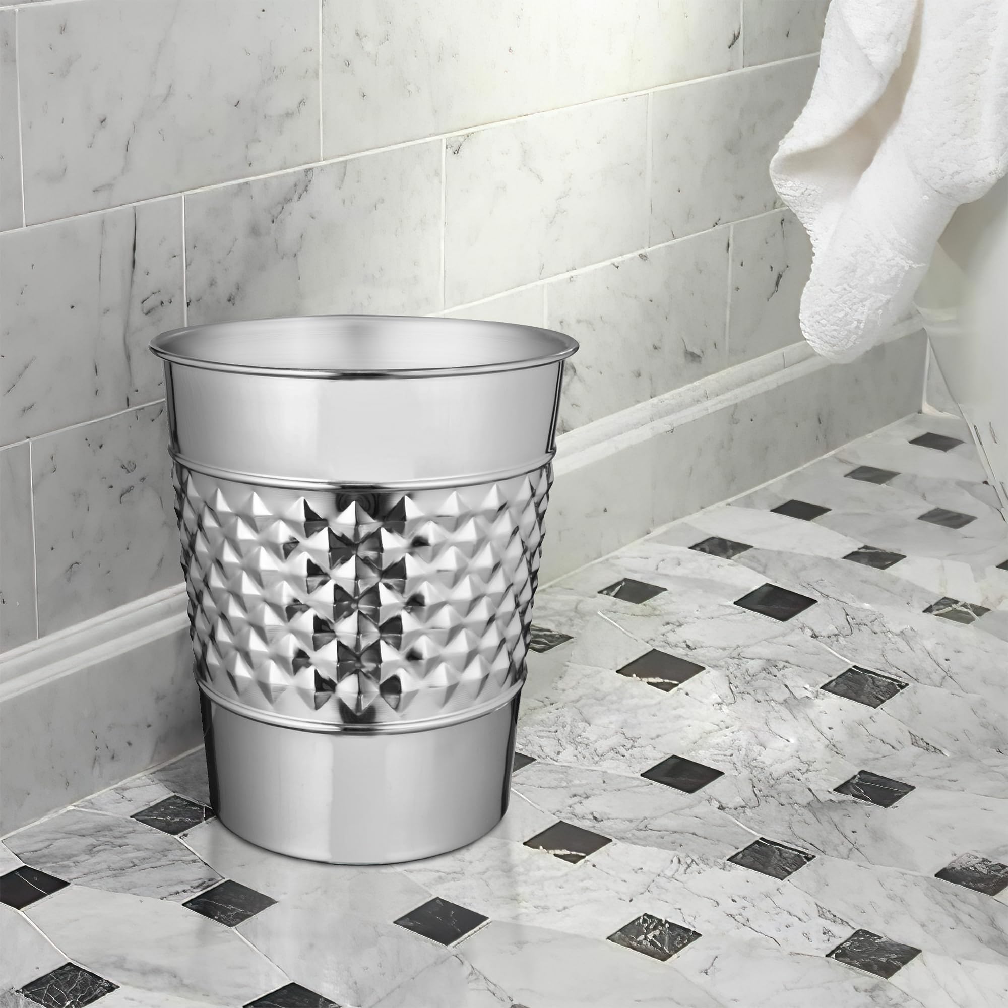 Handcrafted Metal Wastebasket Trash Can For Home Office Bedroom, Decorative Wastebasket, Modern Bathroom Decor, Durable, Geo Emb