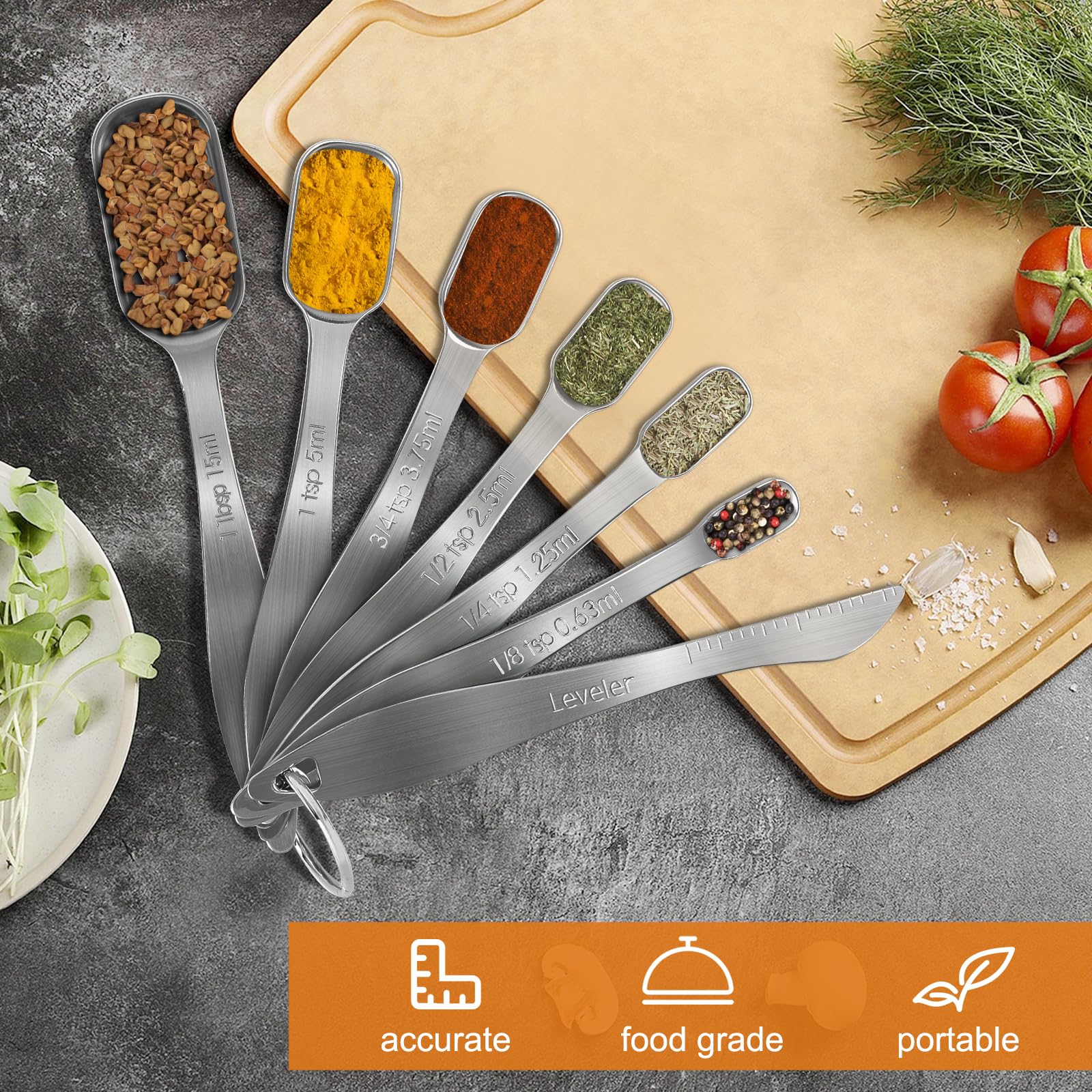 S-Shiwei Life Stainless Steel Measuring Spoons Set, 7-Piece Heavy Duty, Metric Sizes 1/8 to 1 tbsp, Silver, Includes Leveler