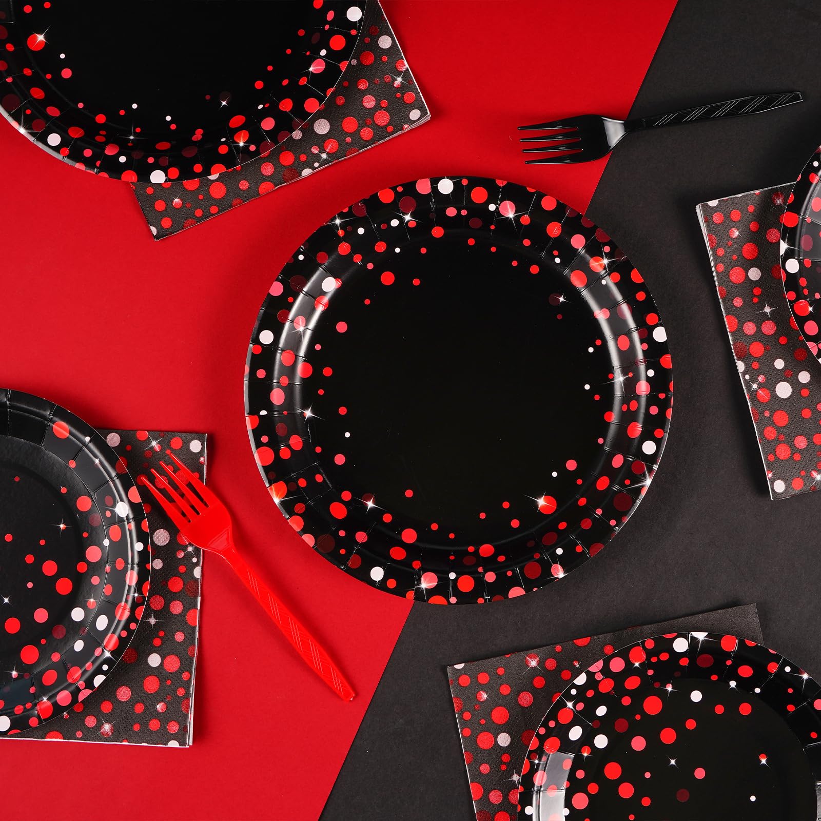 96Pcs Black And Red Party Supplies Red Dot On Black Party Plates And Napkins Disposable 350Gsm Black And Red Birthday Tableware