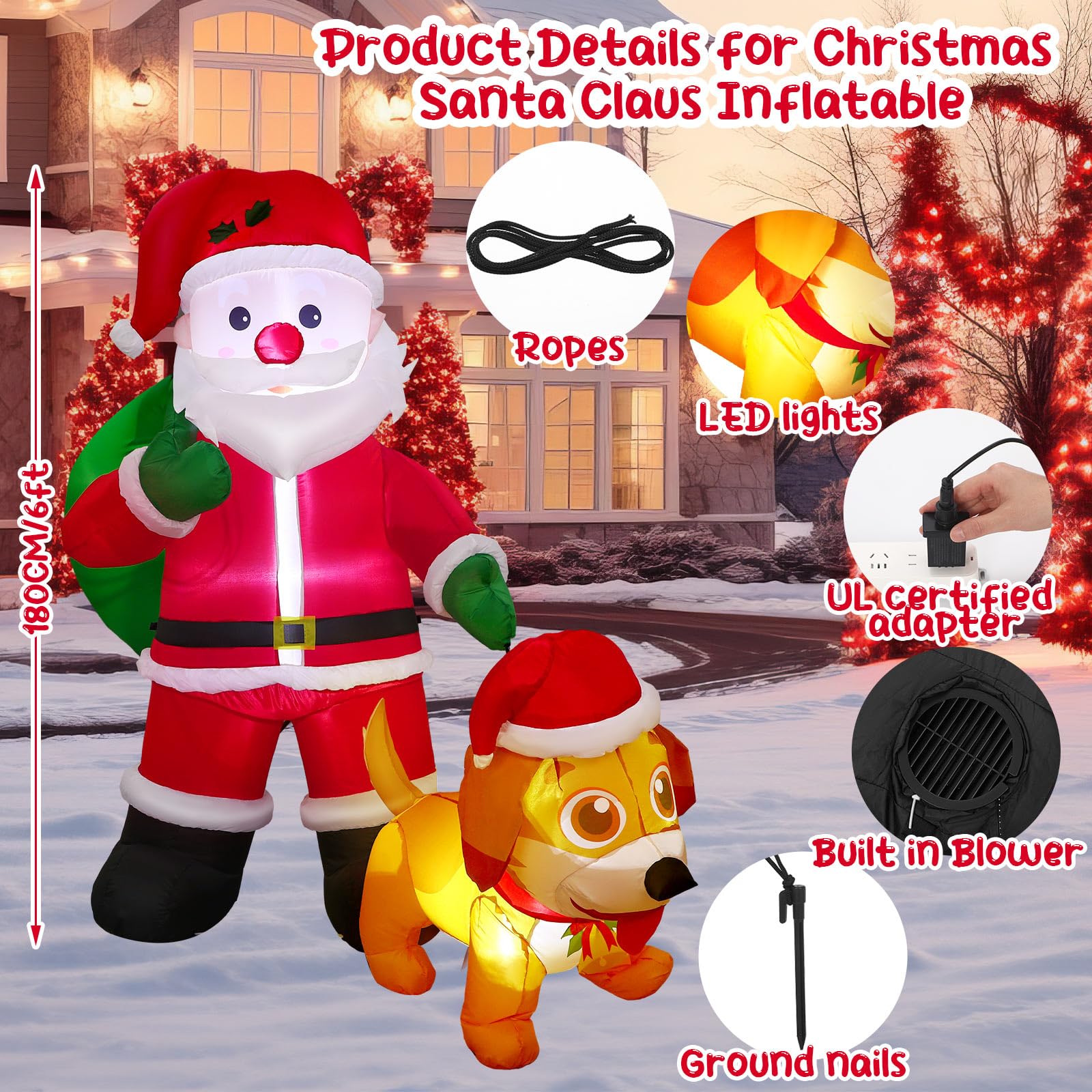 Leyndo 6 FT Christmas Inflatable Santa Claus Outdoor with a Gift Bag and a Dog Blow Up Decoration with LED Lights Cute Xmas for
